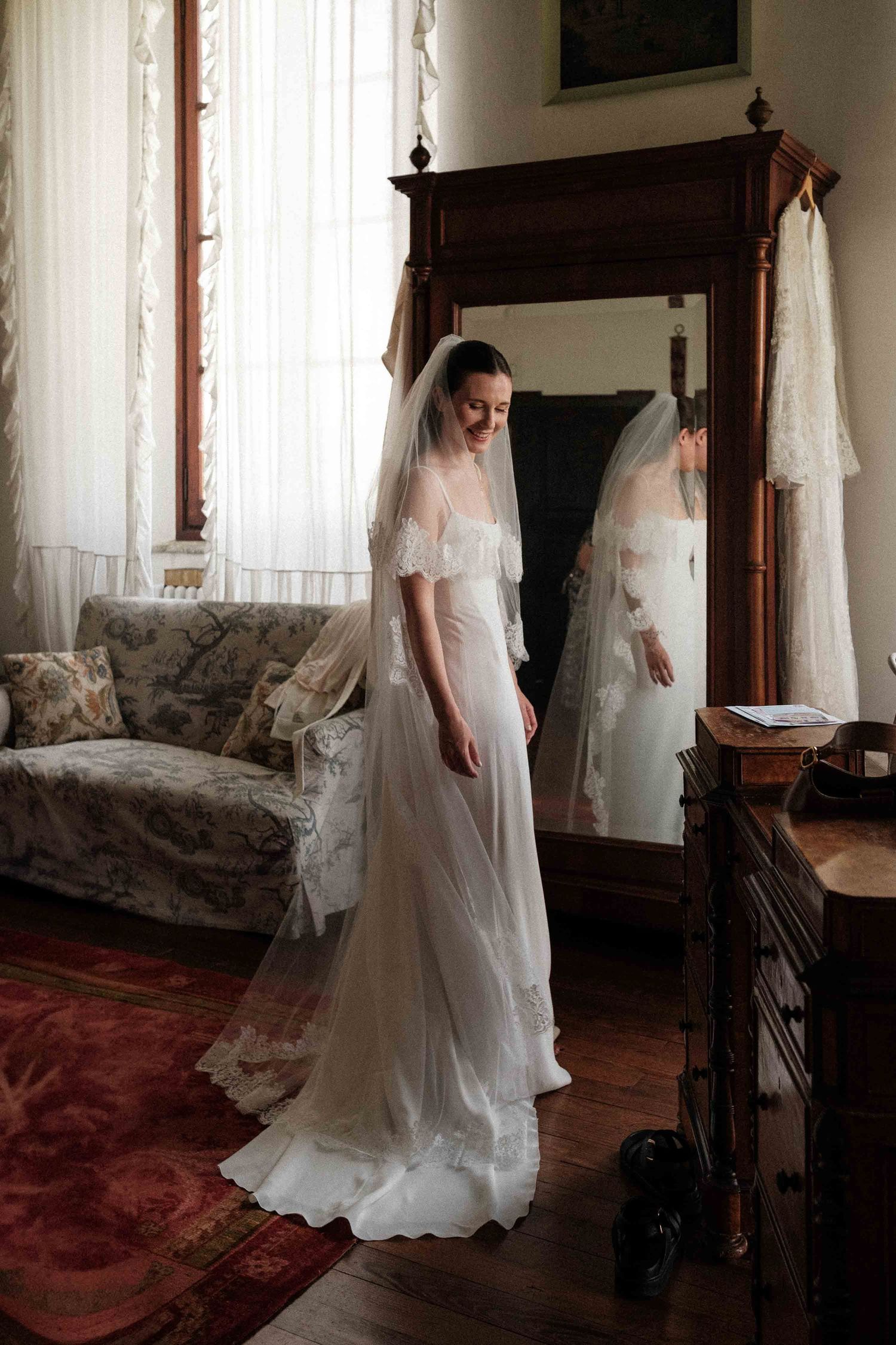 A series of wedding photos showing a bride in a white gown and veil standing in a vintage-style room with dark wood furniture.