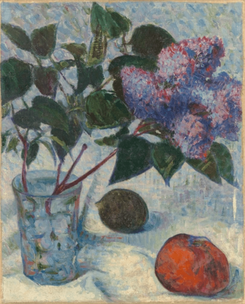 Still life painting series showing purple lilac flowers in a vase with dark leaves against a textured blue background.