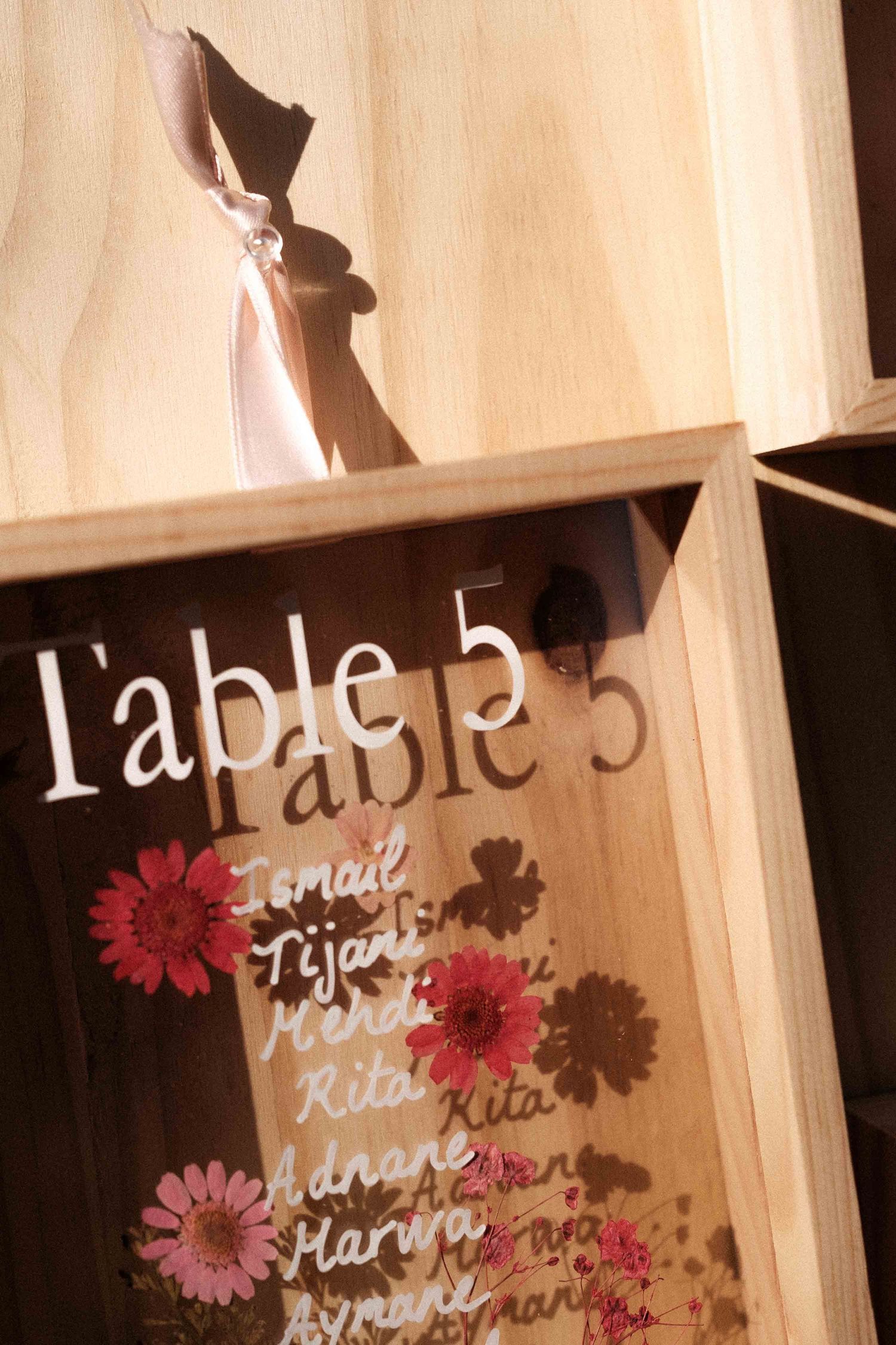 Pink floral decorations adorn wooden shadow boxes with text displayed on a wall in a warm-toned setting.