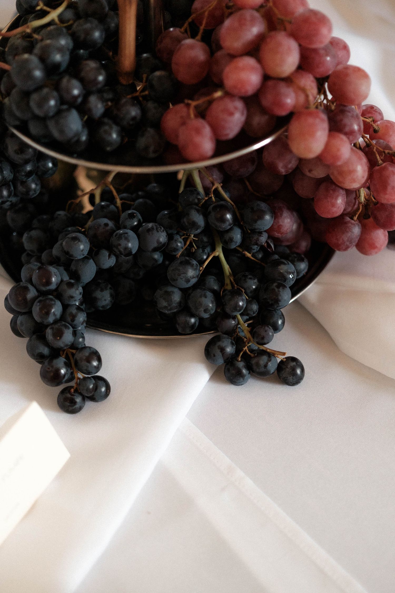Fresh red and purple grapes arranged on white plates showing vibrant colors and natural textures.