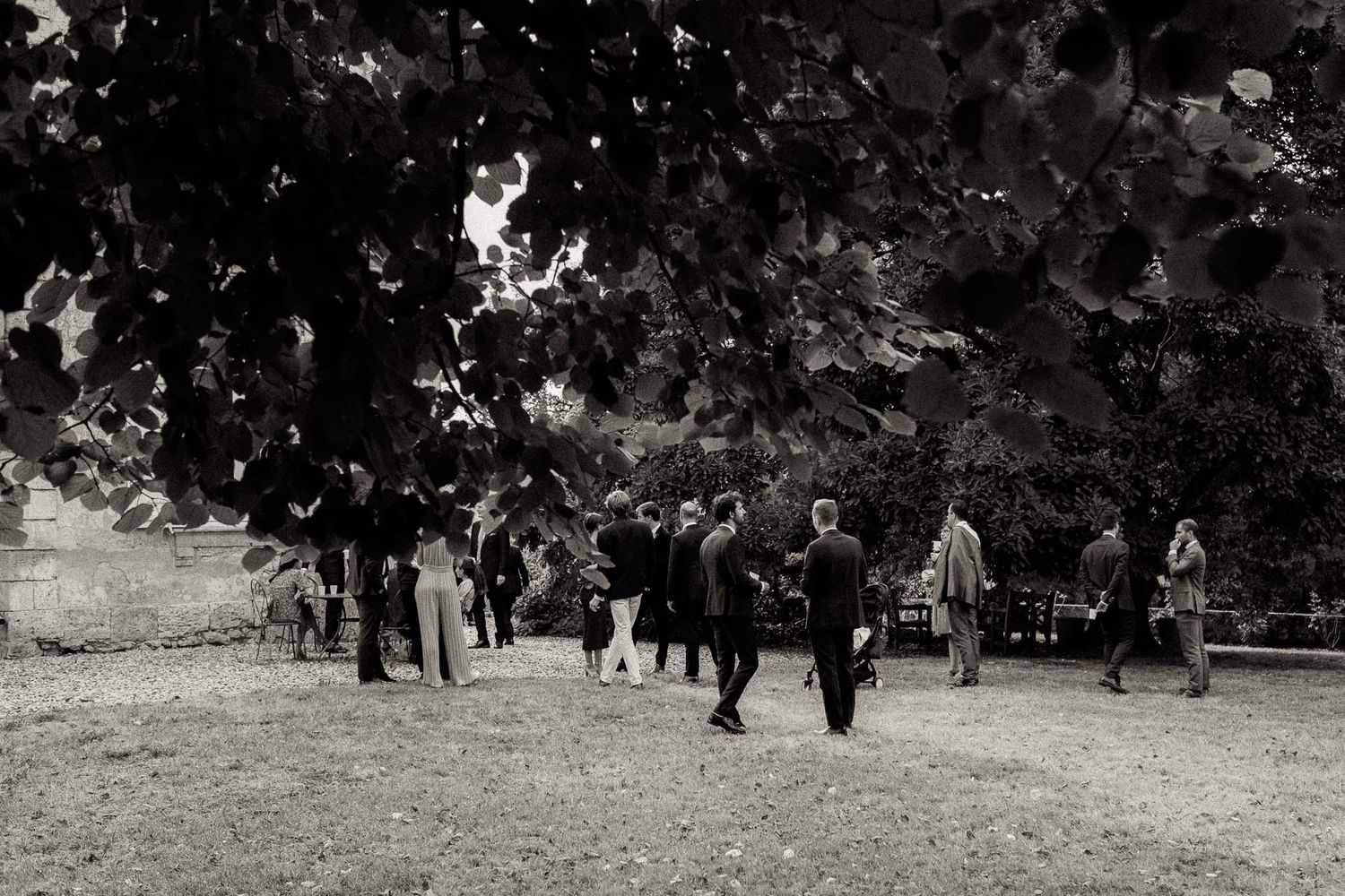 A black and white photograph shows people walking through a park with trees and scattered leaves on the ground.