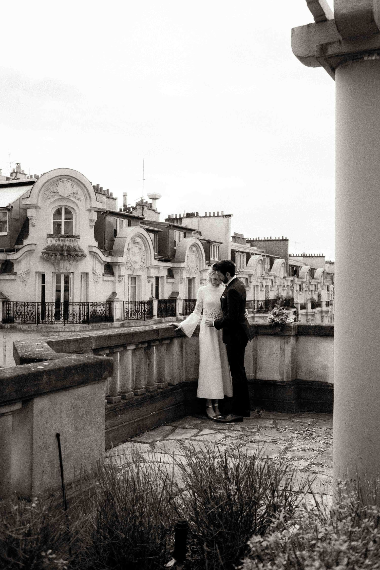 A series of vintage black and white photographs showing people standing on an ornate balcony with architectural details.
