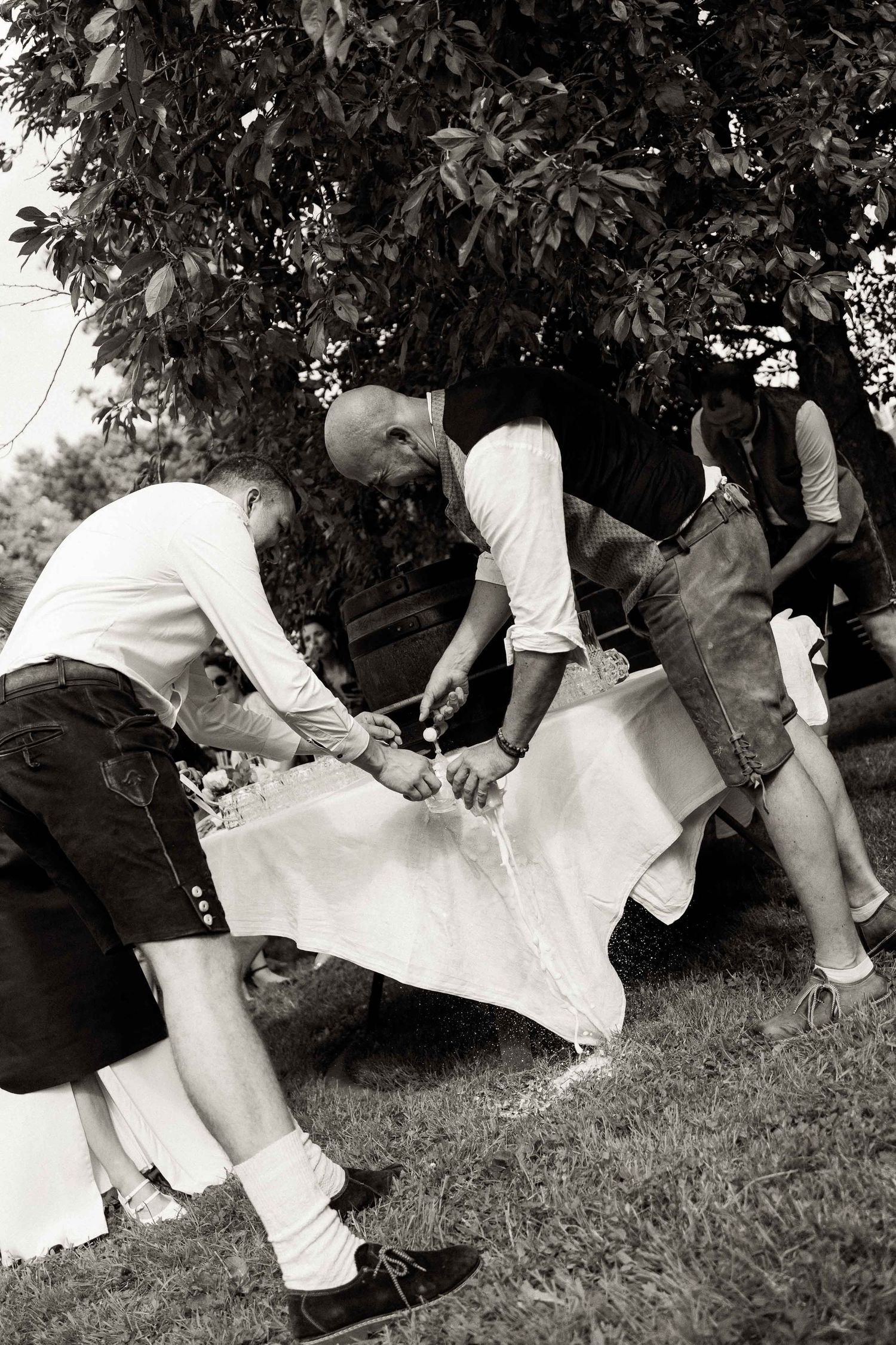 A sequence of black and white photos showing a person falling backwards onto grass in a garden setting.