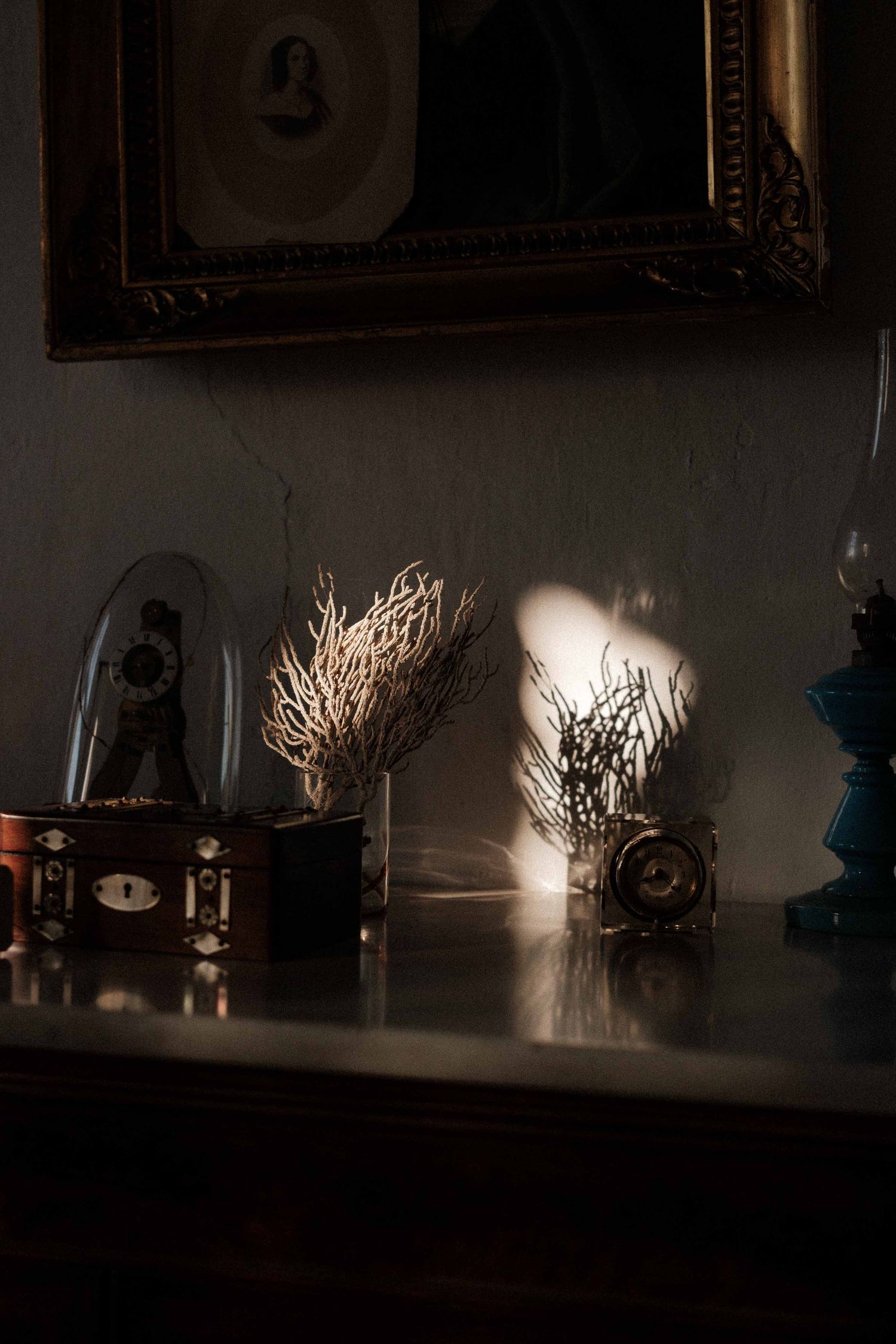 Illuminated white branch decorations cast dramatic shadows on a dark wall with framed artwork.