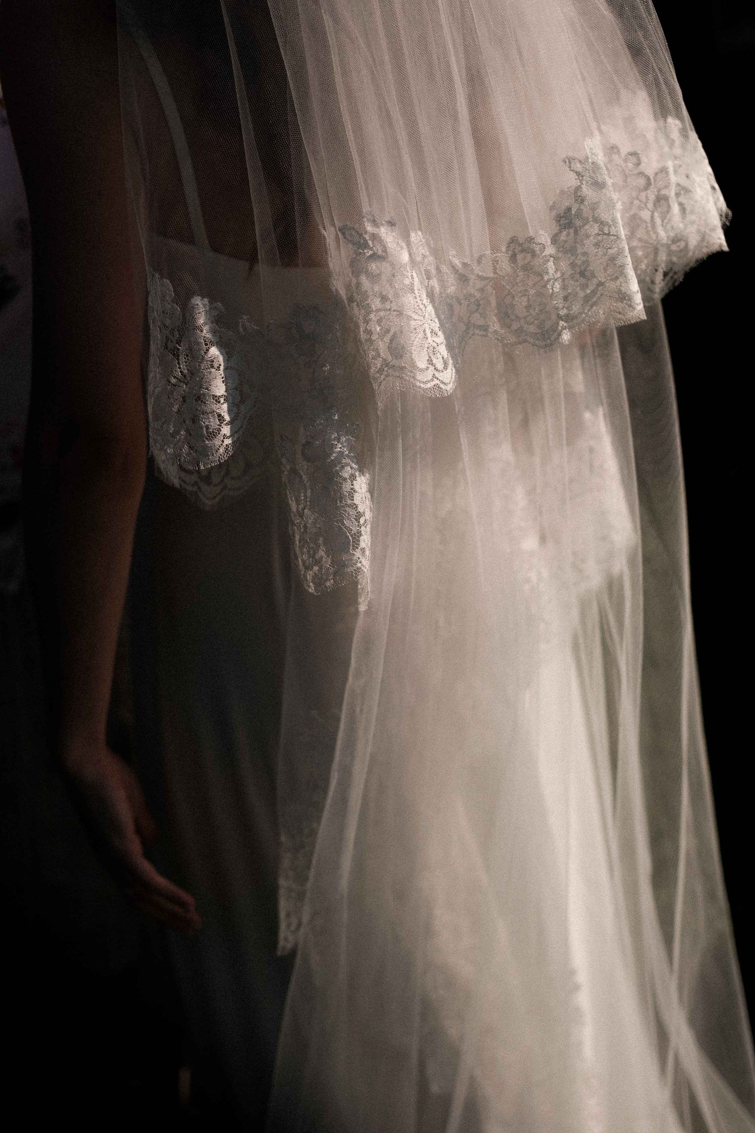 A series of cropped views showing the delicate lace details and flowing layers of a white wedding dress veil.