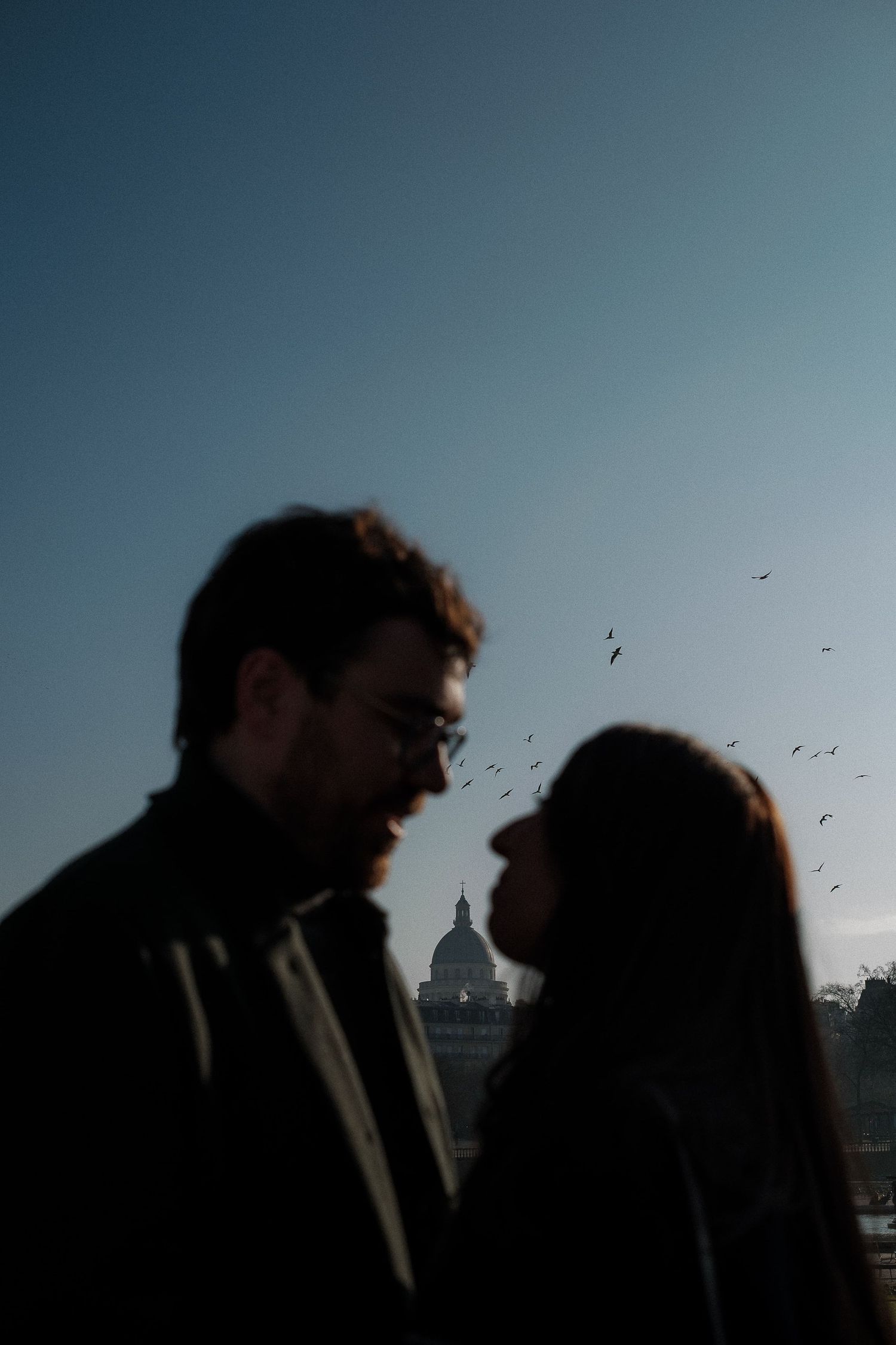 Silhouettes of two people walking against a moody sky with birds flying overhead and a dome structure in the background.
