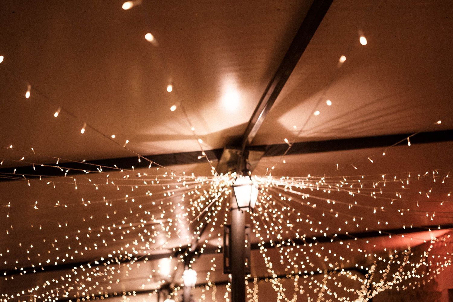 Sparkling fireworks illuminate the dark night sky with bright golden bursts and trails of light.