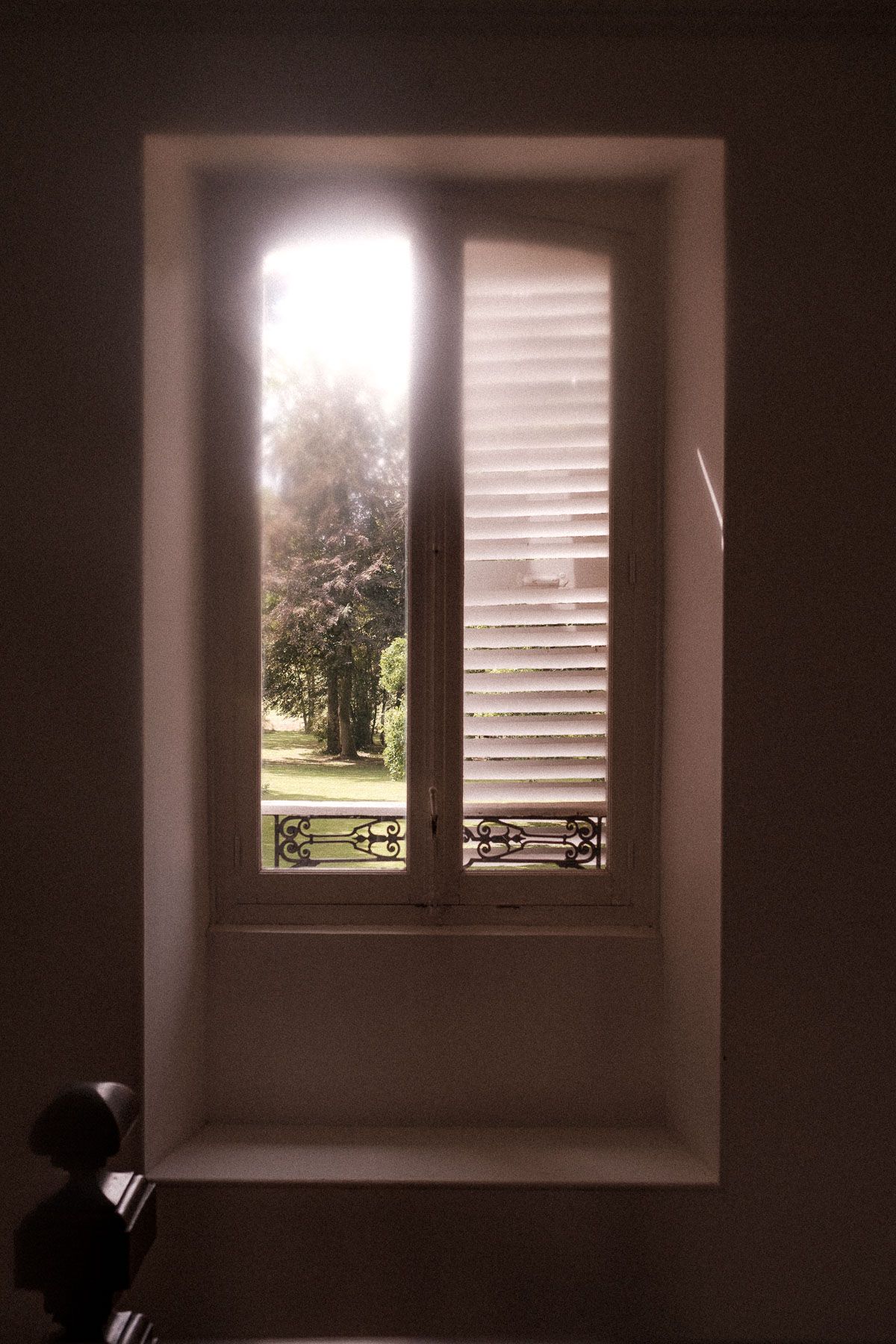 Moody view through a window with shutters showing trees and natural light filtering in.