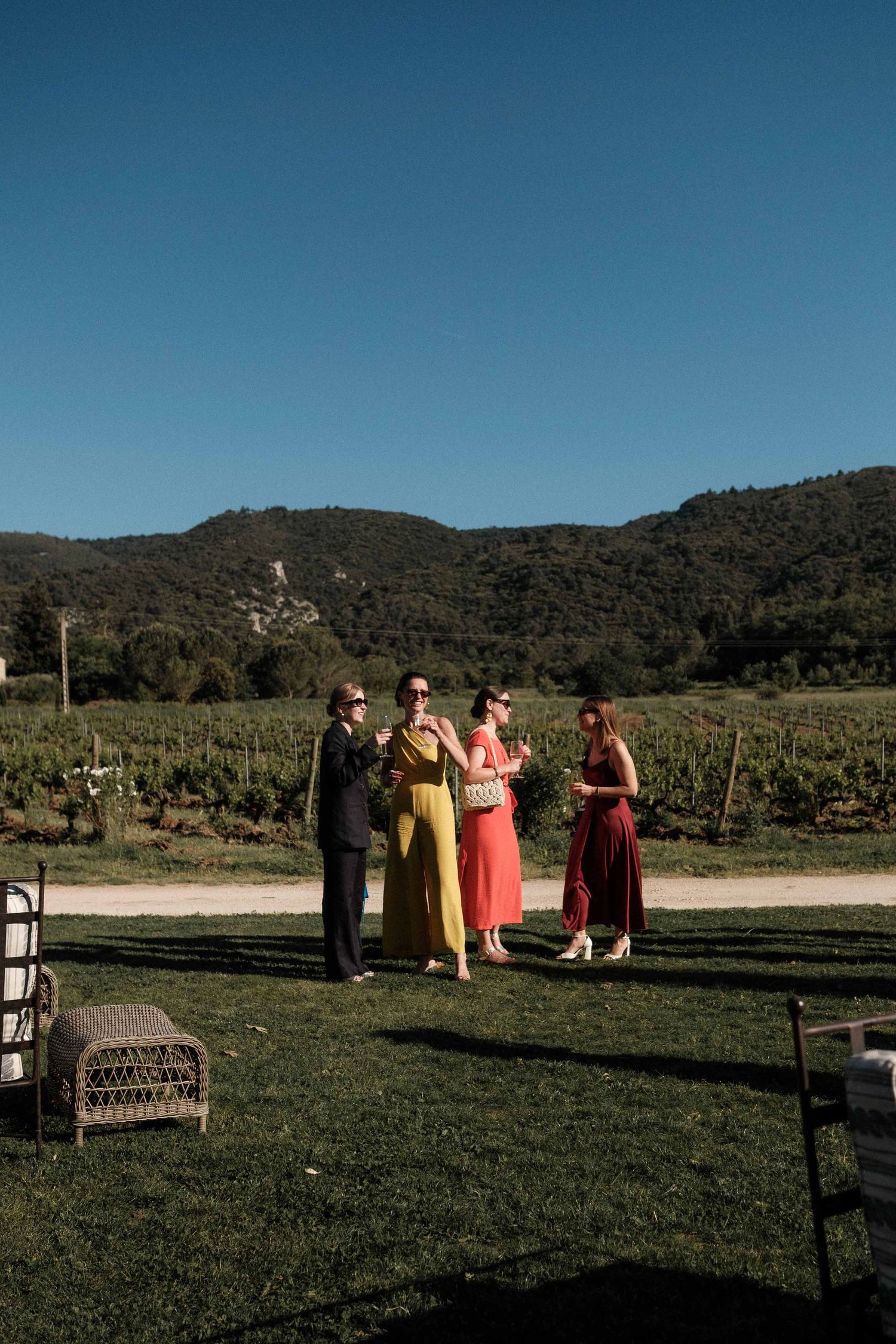Wedding party gathers on a grassy lawn with mountains and blue sky in the background during an outdoor ceremony.