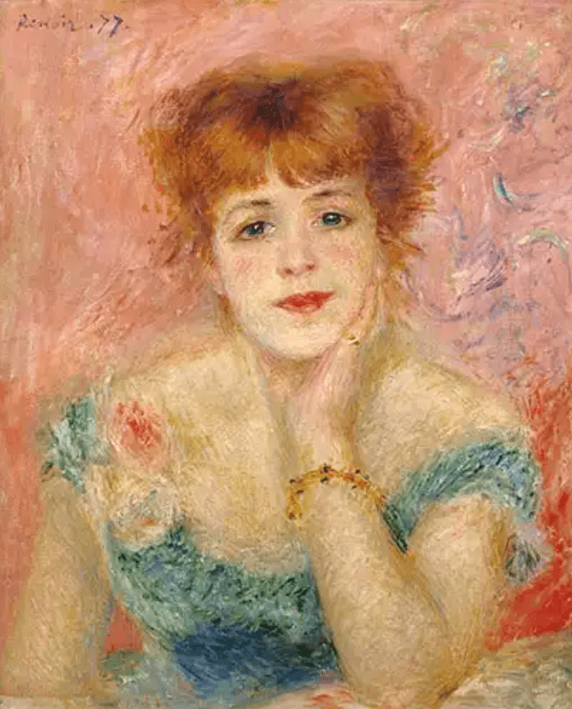 A soft pink and blue impressionist style painting with ethereal feminine figures in delicate brushstrokes.