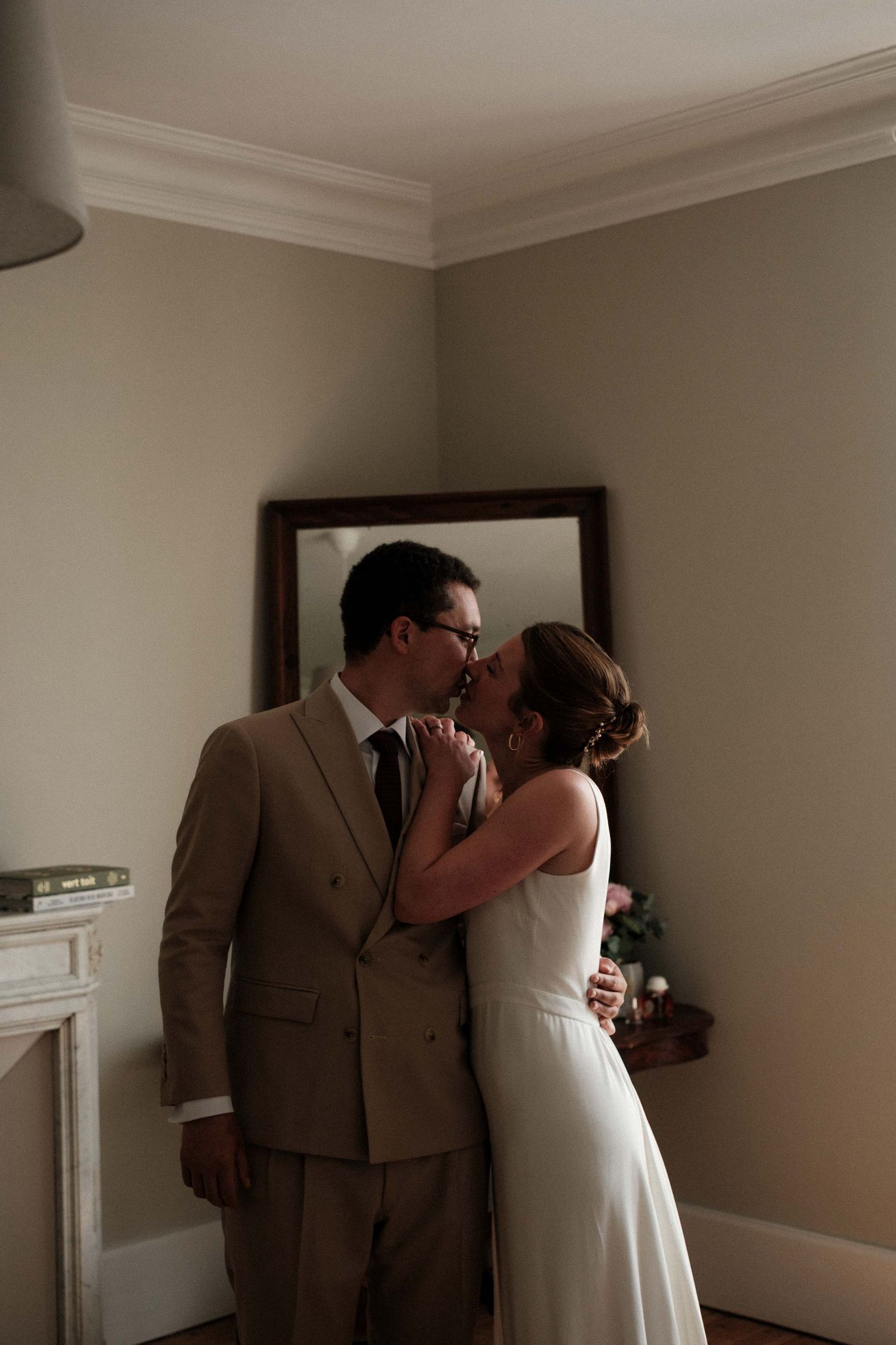 A romantic first look sequence showing a couple sharing an intimate moment before their wedding ceremony.