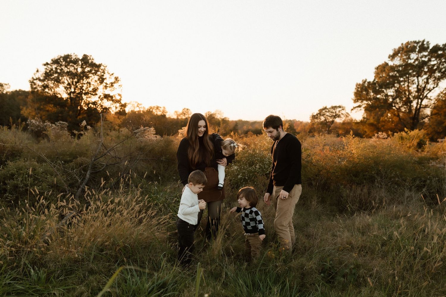 Family of four with two toddlers enjoys golden hour in an autumn meadow together.