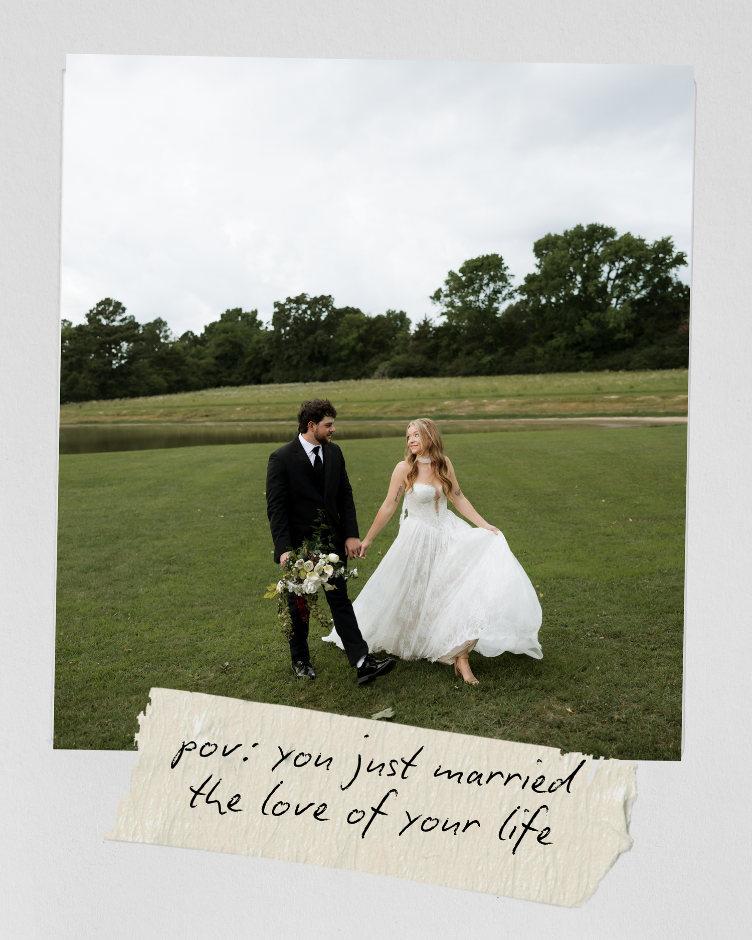 Bride and groom holding hands walking in green field with handwritten wedding day caption.
