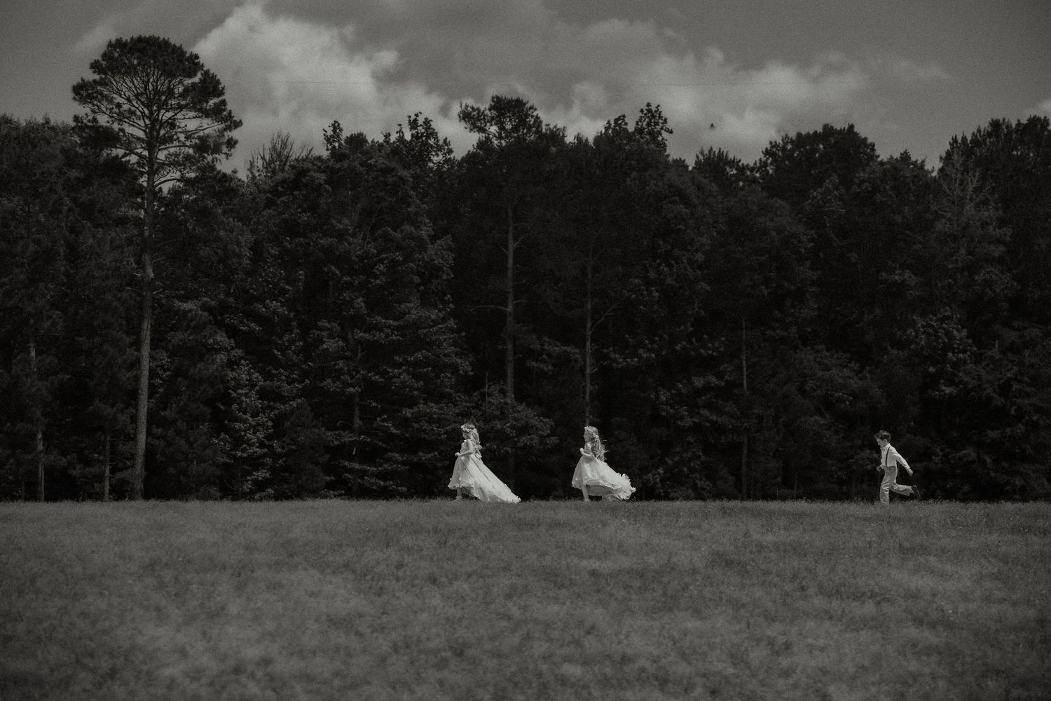 Black and white photo of bride and wedding party walking across open field with forest backdrop.