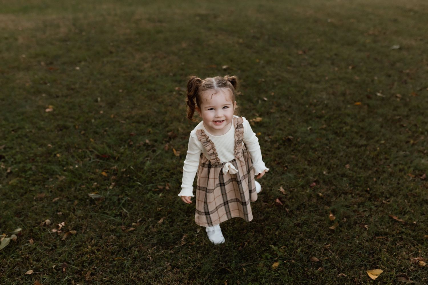 Happy toddler girl in plaid dress with pigtails runs on green grass smiling brightly.