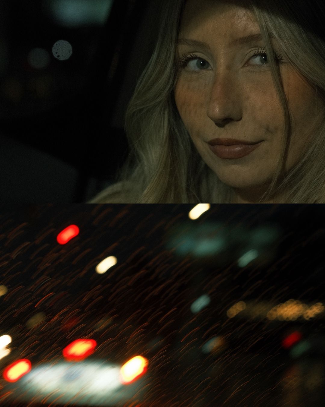 Diptych portrait of blonde woman at night above bokeh city lights through rain.