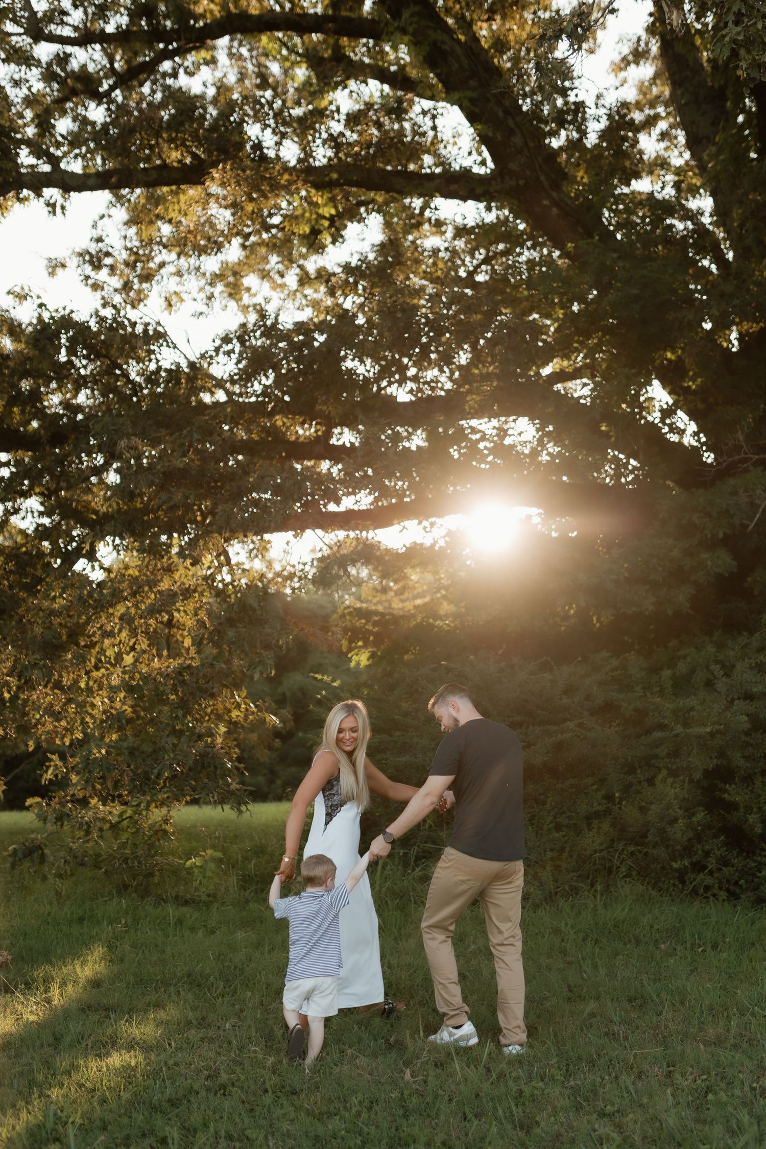 Couple dancing with young child between them in golden sunset light under large oak tree.