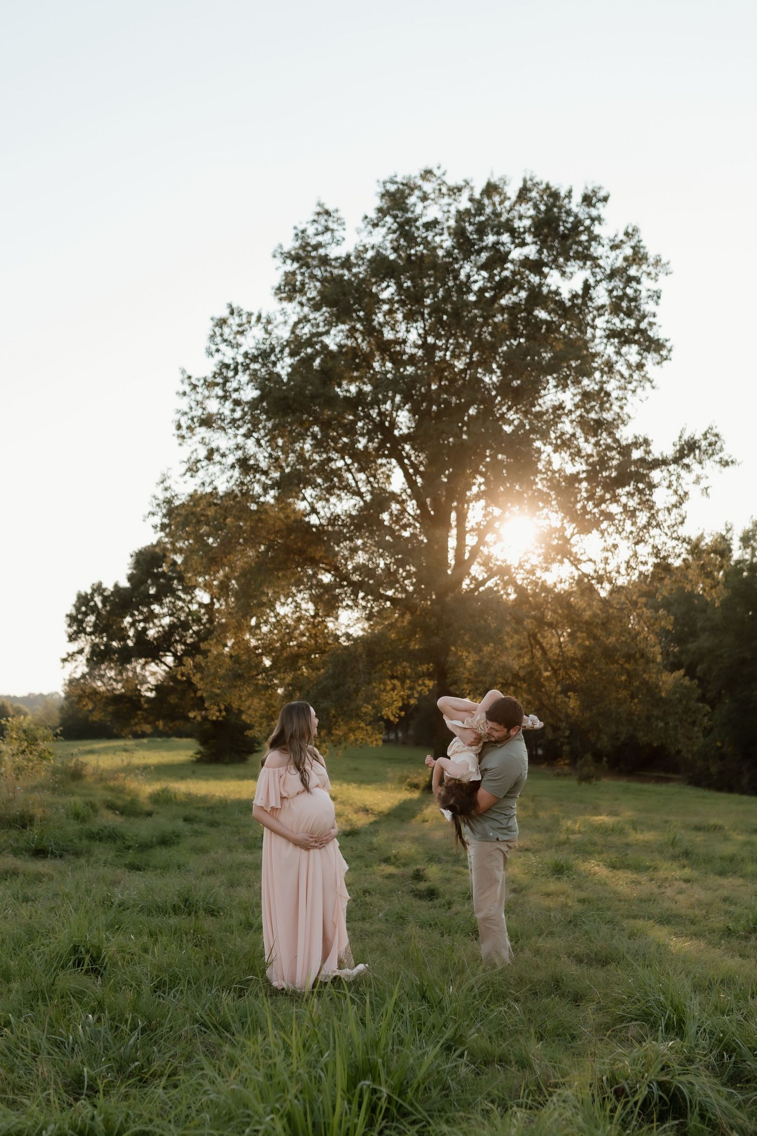Pregnant woman in pink dress and man lifting young daughter in white dress in sunlit green meadow.