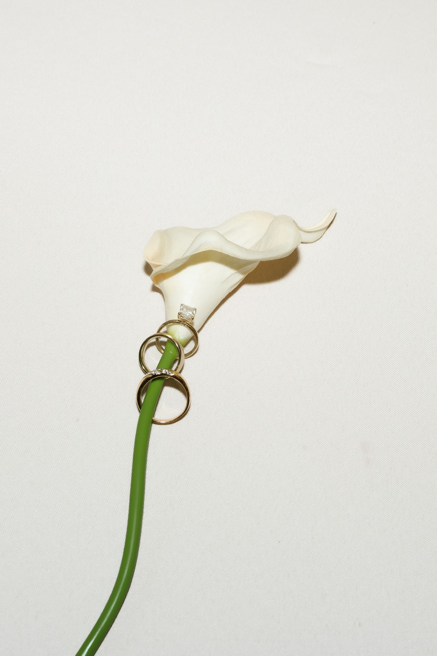 Wedding rings and diamond engagement ring placed on stem of white calla lily flower.