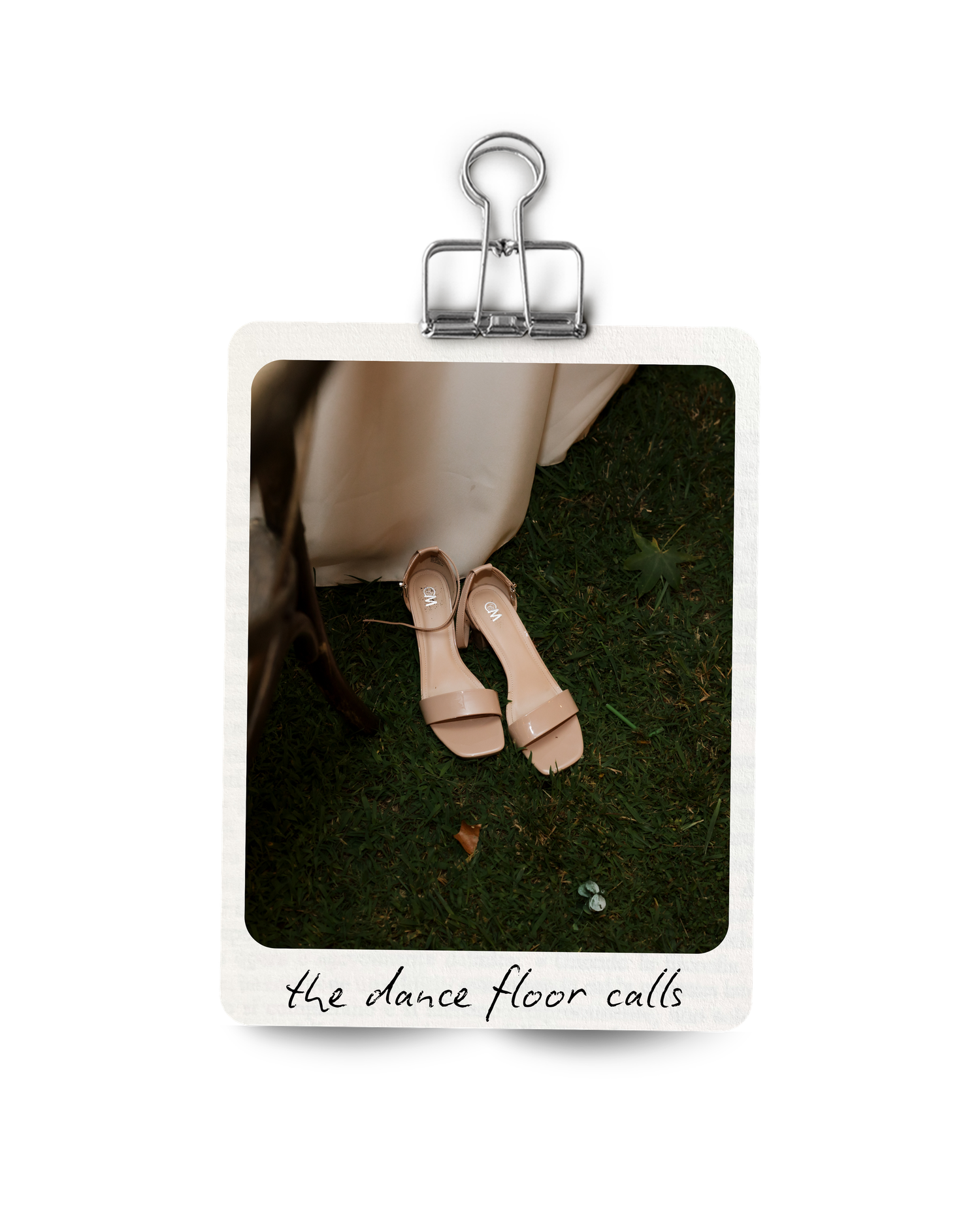 Bridal sandals on grass with polaroid frame and text the dance floor calls.