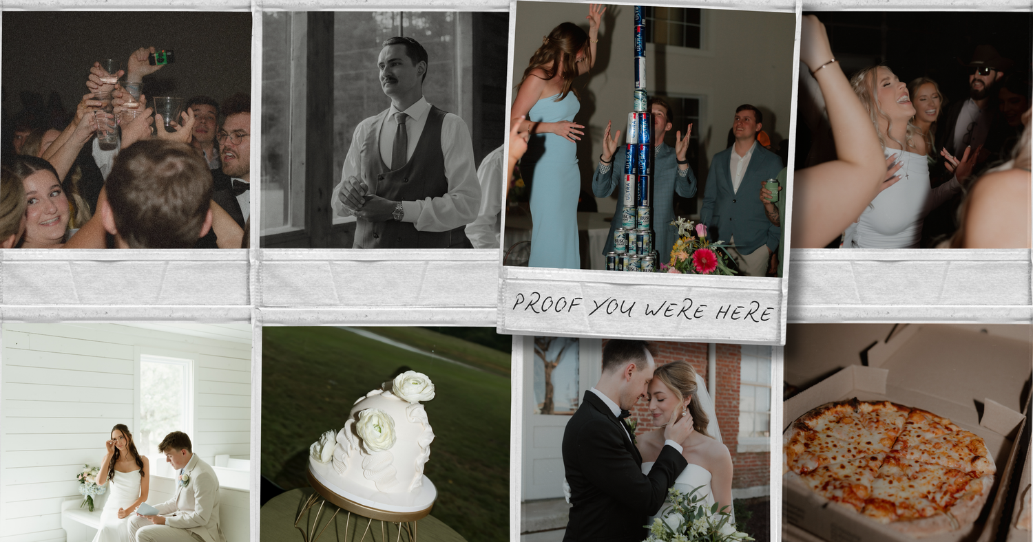 Wedding photo collage with candid moments, couple portraits, cake, and pizza slice celebration.