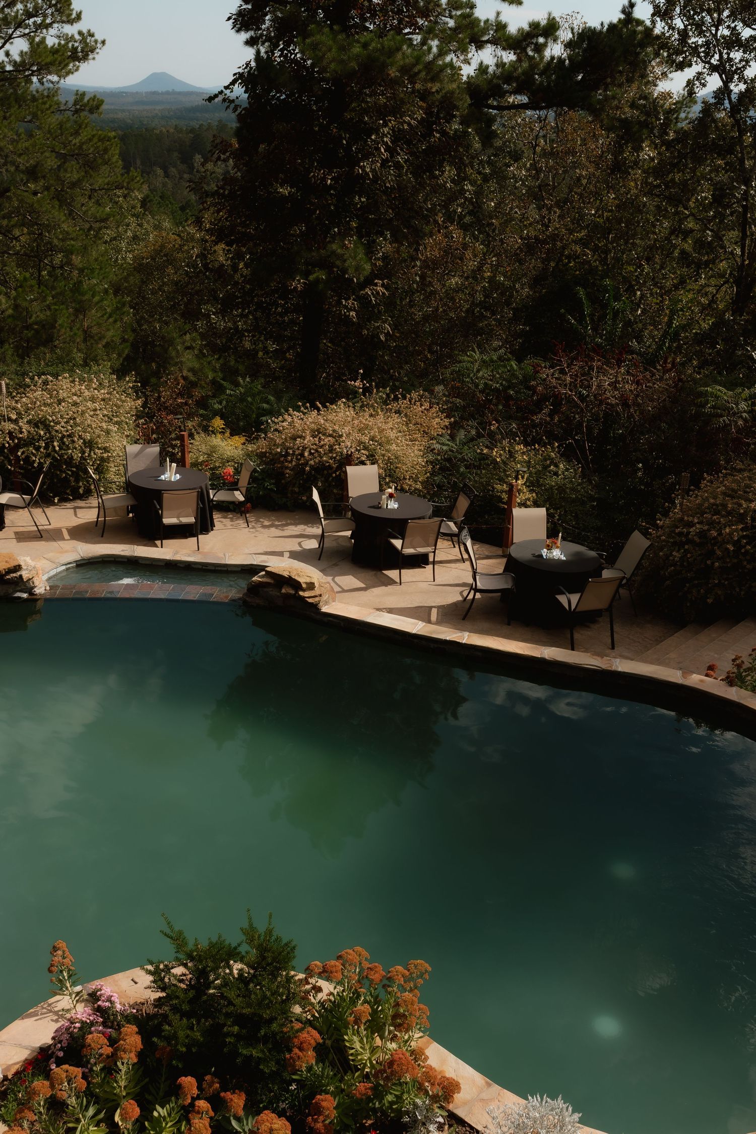 Luxurious outdoor pool with patio furniture surrounded by lush trees and mountain views.