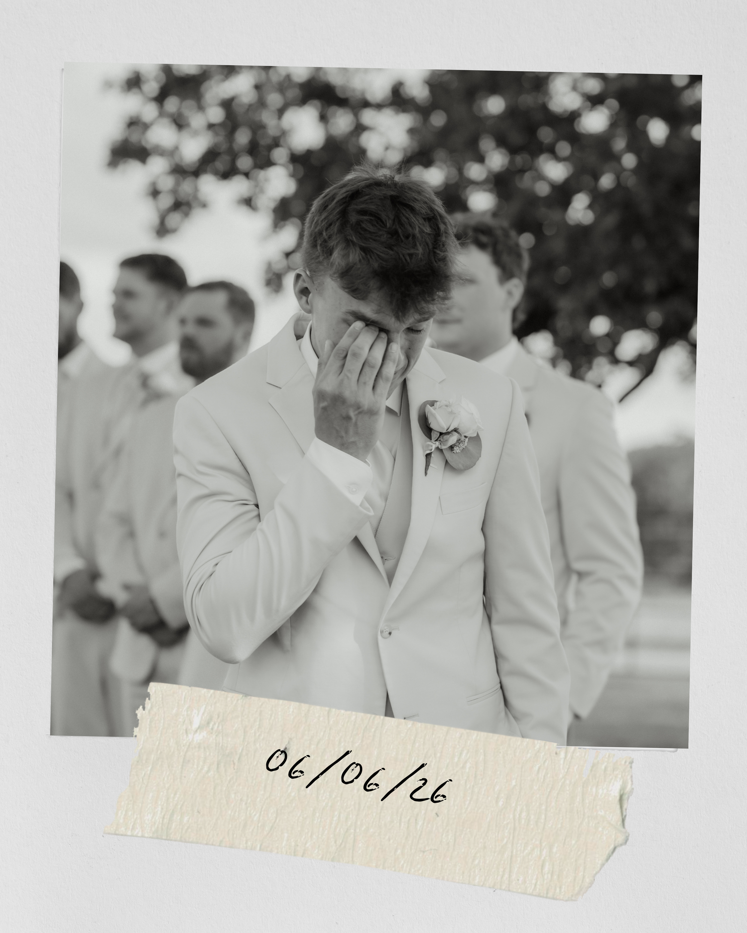 Emotional groom wipes tears at altar in black and white polaroid photo dated 06/06/26.