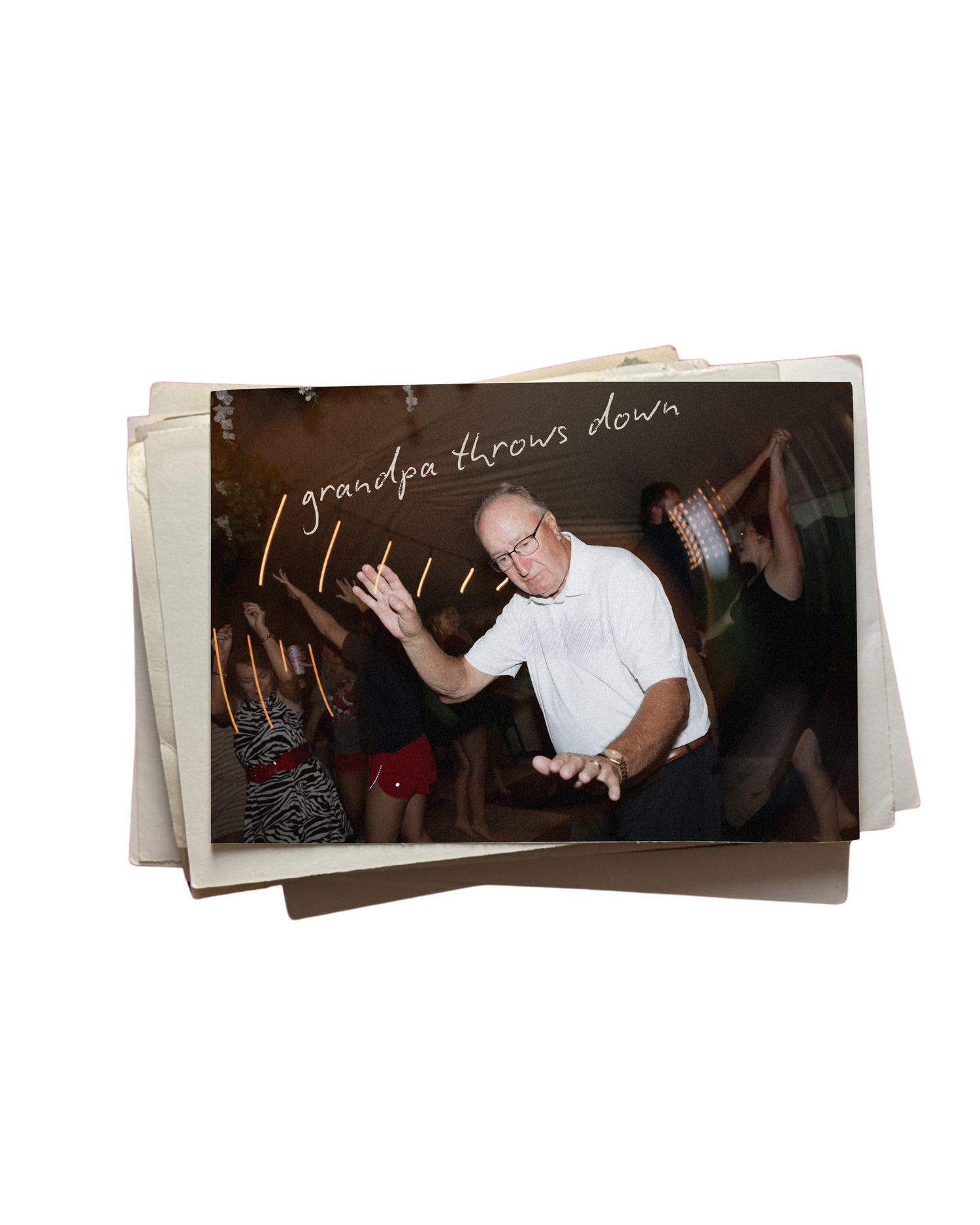 Elderly man dancing energetically at wedding reception with text grandpa throws down.