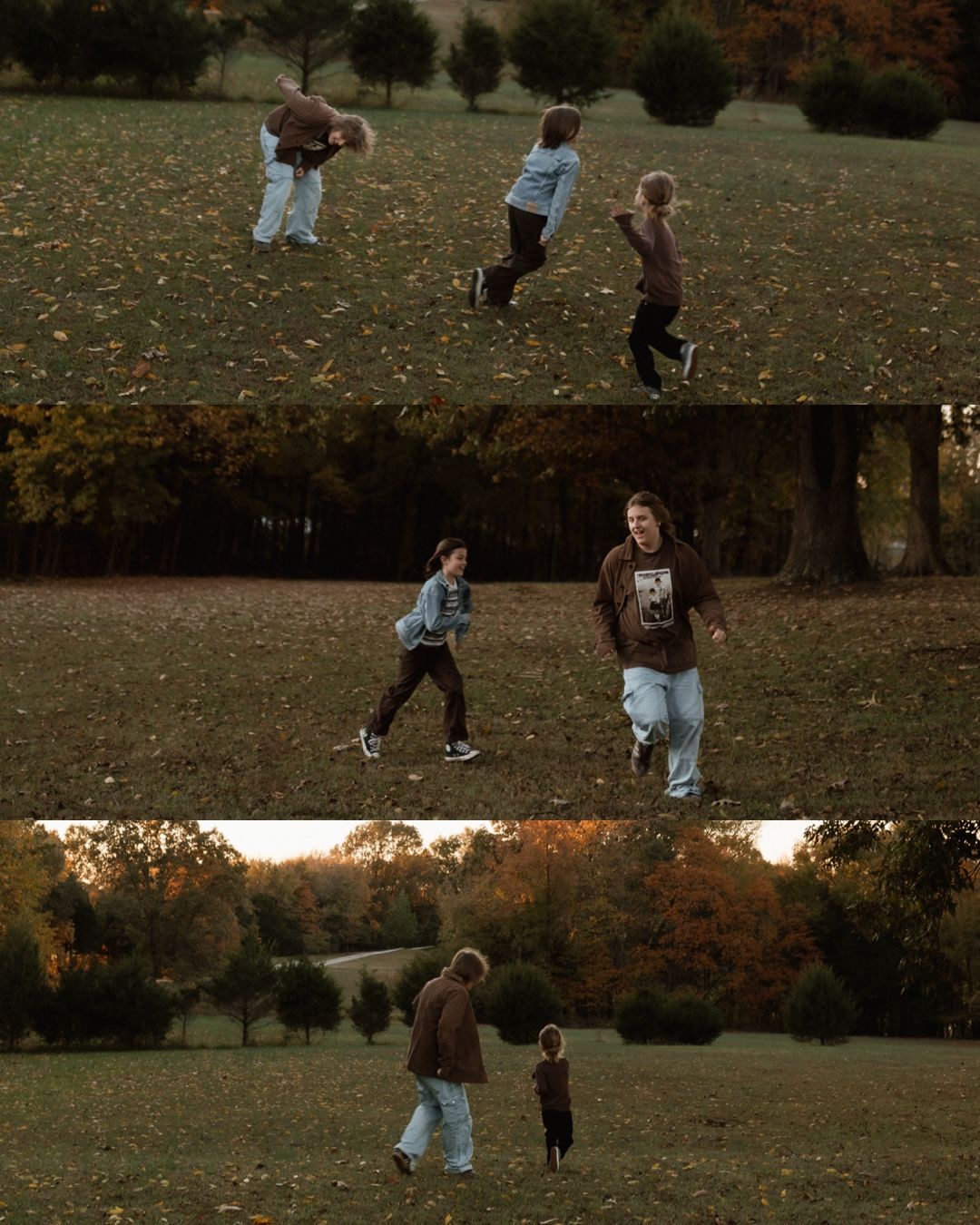 Triptych of family playing in autumn field with golden fall foliage at sunset.