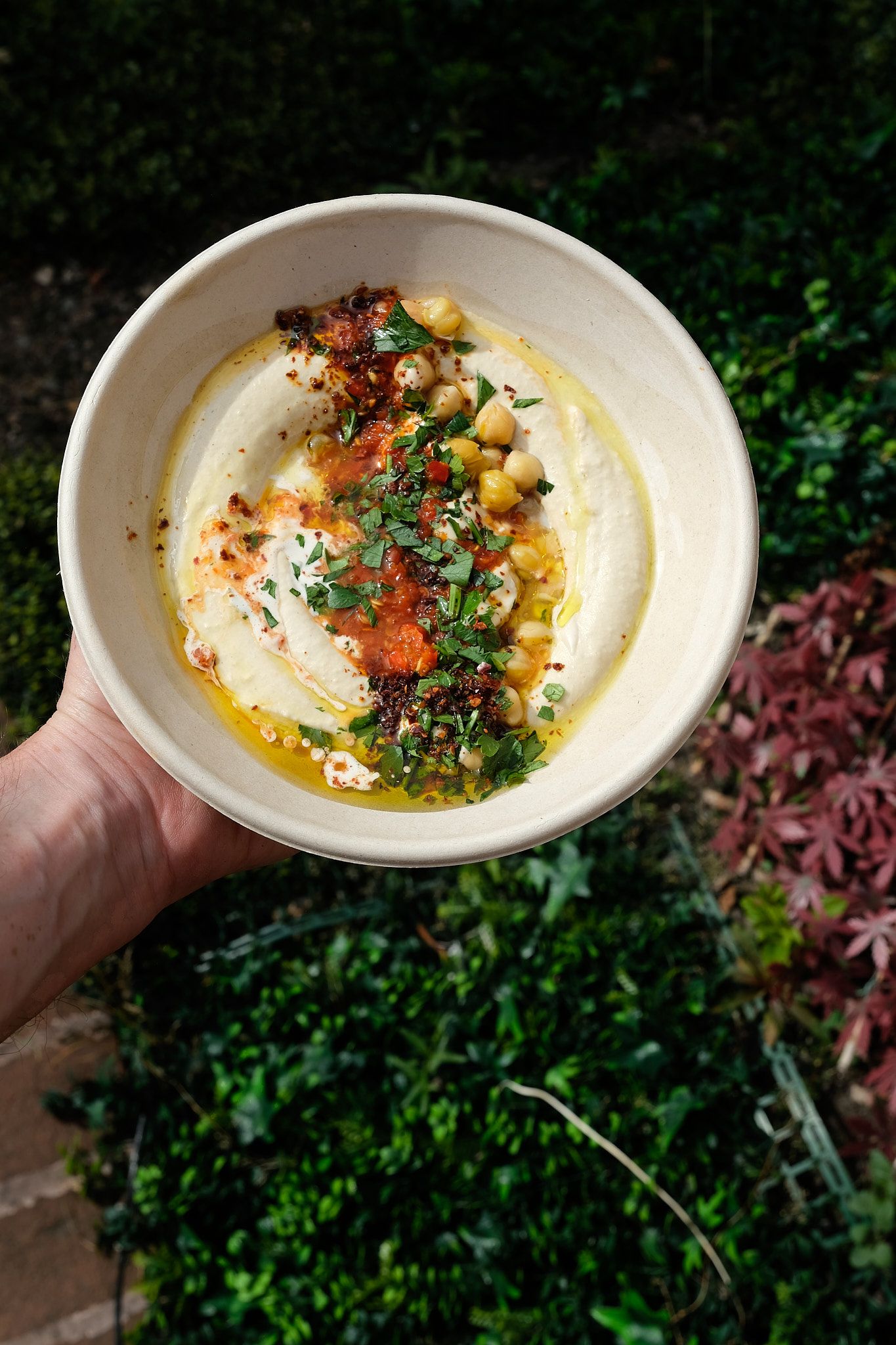 Creamy hummus bowl garnished with olive oil, herbs and spices.