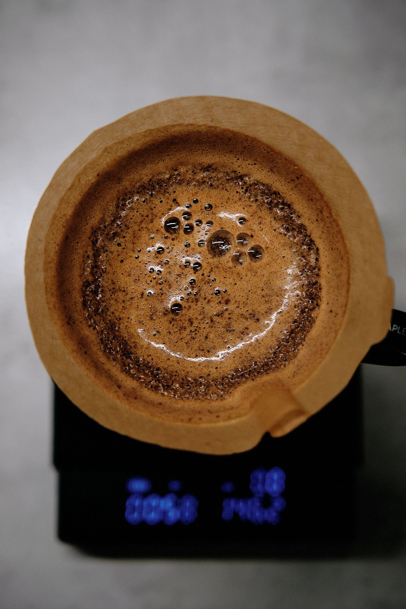 Close-up of coffee grounds in filter on digital scale showing precise measurement.