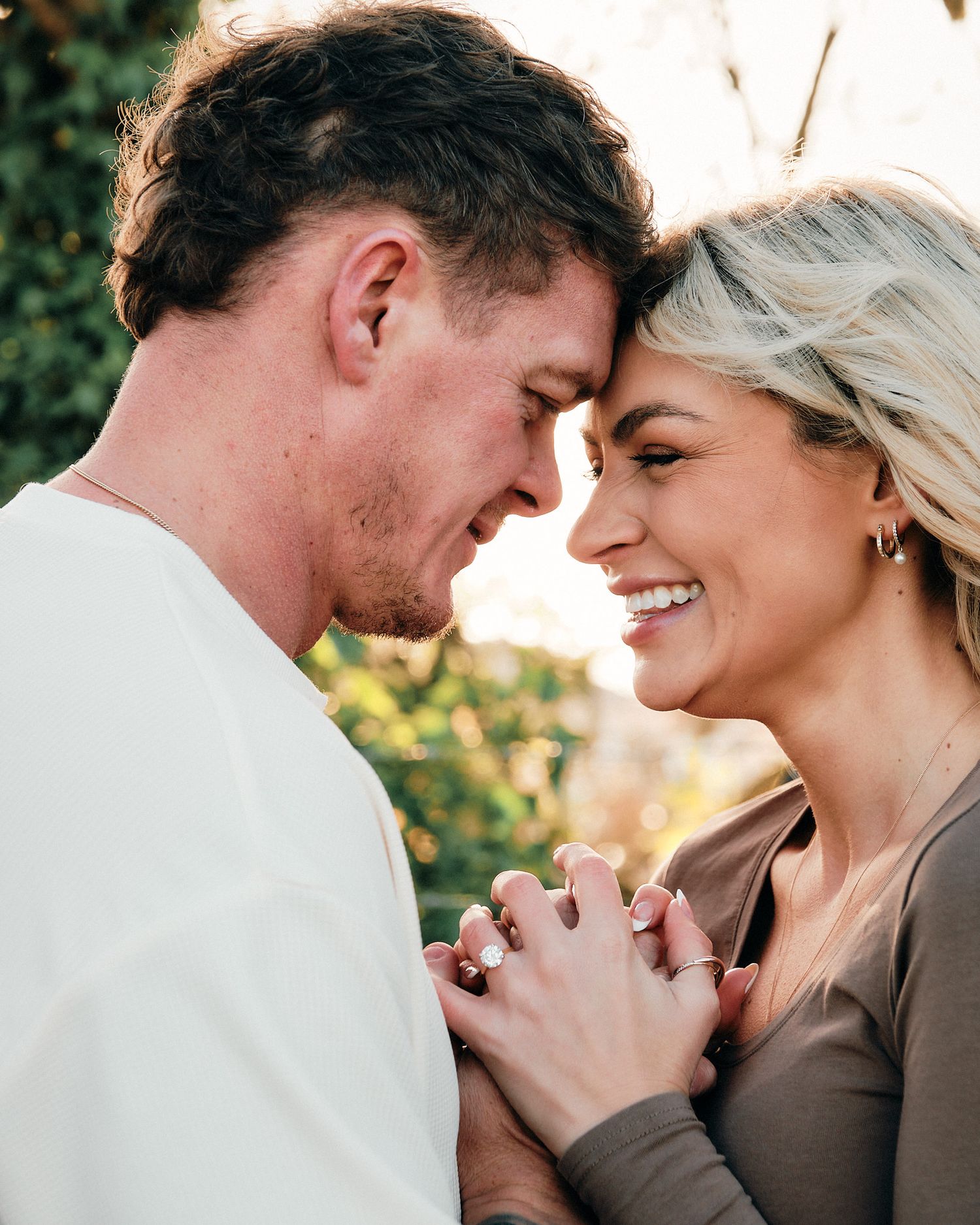 Close-up series of tender moments between couple in outdoor setting.