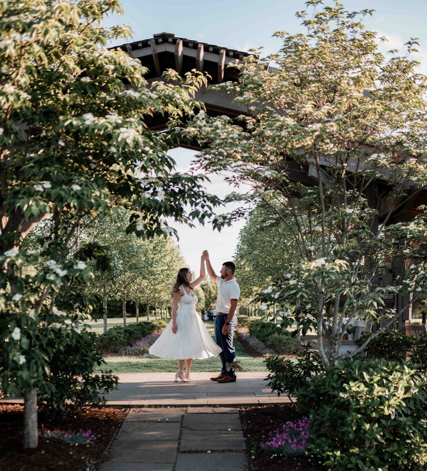 Wide panoramic view of a garden pathway with trees and greenery.