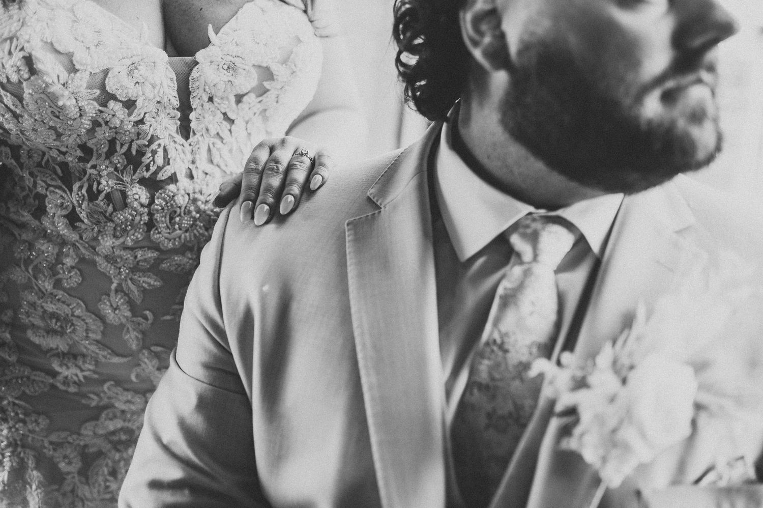 Black and white profile shots showing elegant formal attire.