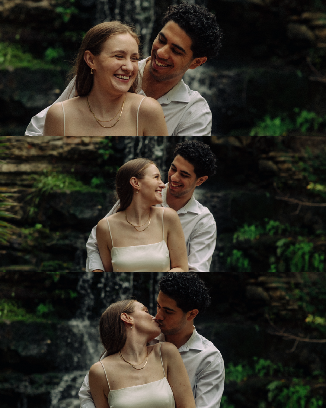 Intimate moments captured by a waterfall in a natural forest setting.