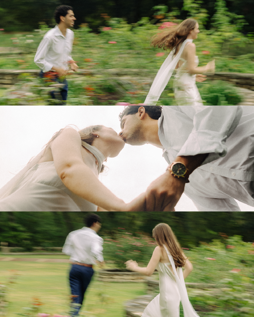 Motion blur photograph of couple dancing and spinning in white attire outdoors.