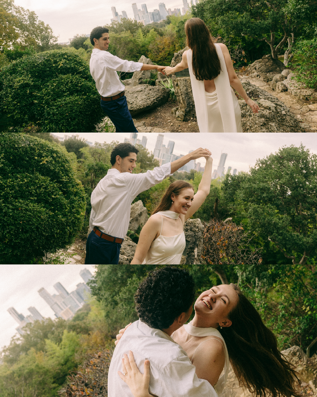 Joyful dancing and twirling moments captured in an outdoor garden setting.