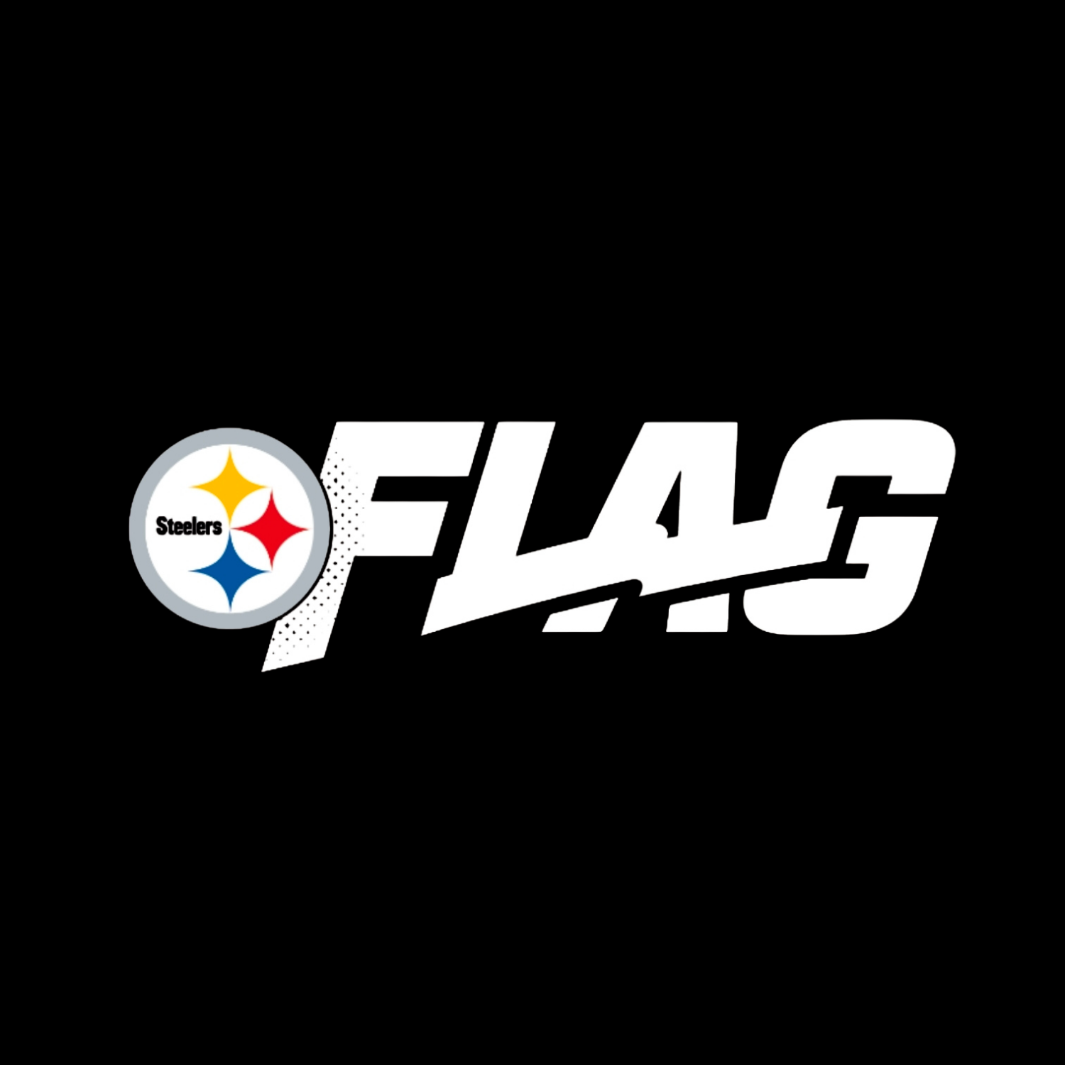 Pittsburgh Steelers FLAG football logo in white and gold on black background.