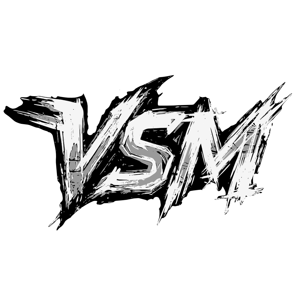 Bold graffiti-style VSM logo in black and white with aggressive brush strokes on white background.