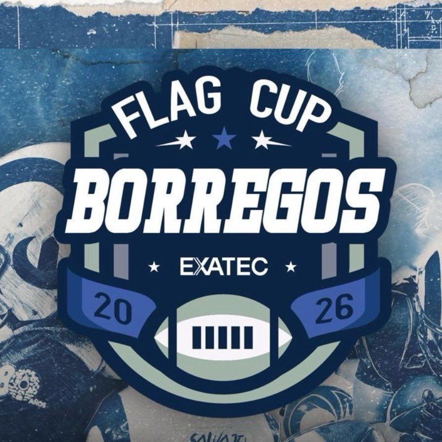 Flag Cup Borregos Exatec 2026 official logo with football and shield design in blue and white colors.