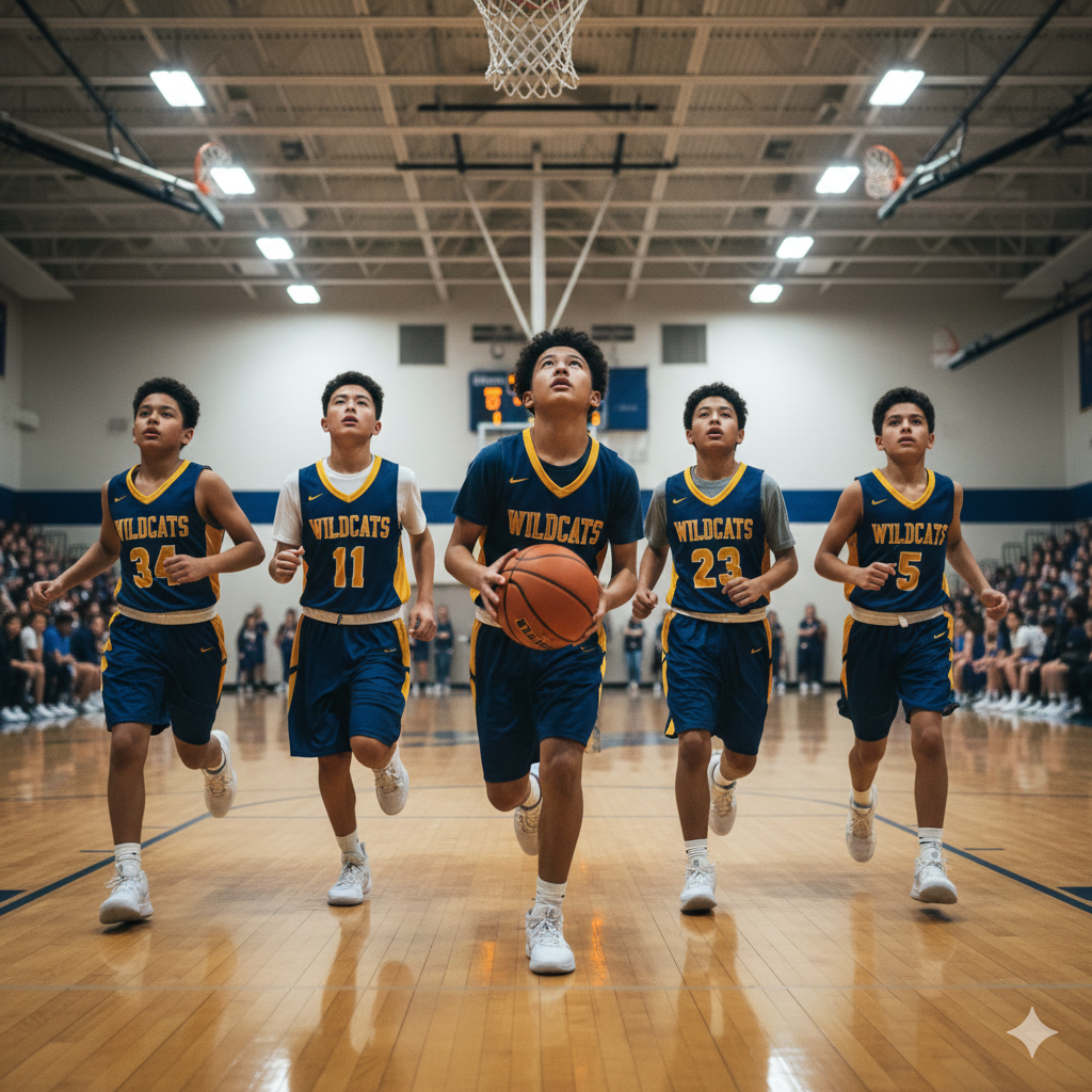 Basketball team in blue and gold uniforms runs together on indoor court during game or practice session.