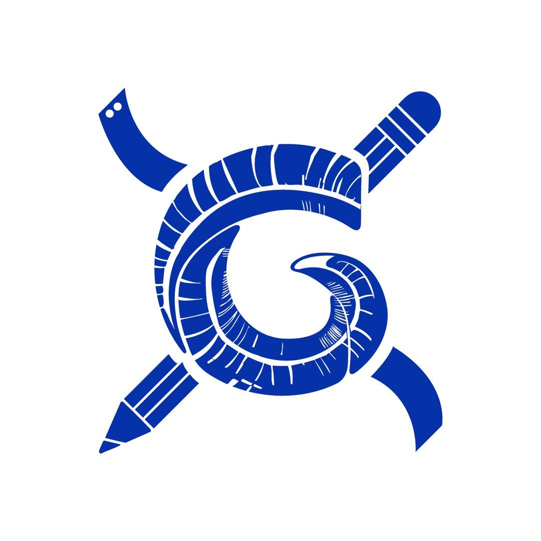 Blue logo featuring a coiled snake wrapped around crossed sword and pencil, symbolizing creativity and strength.