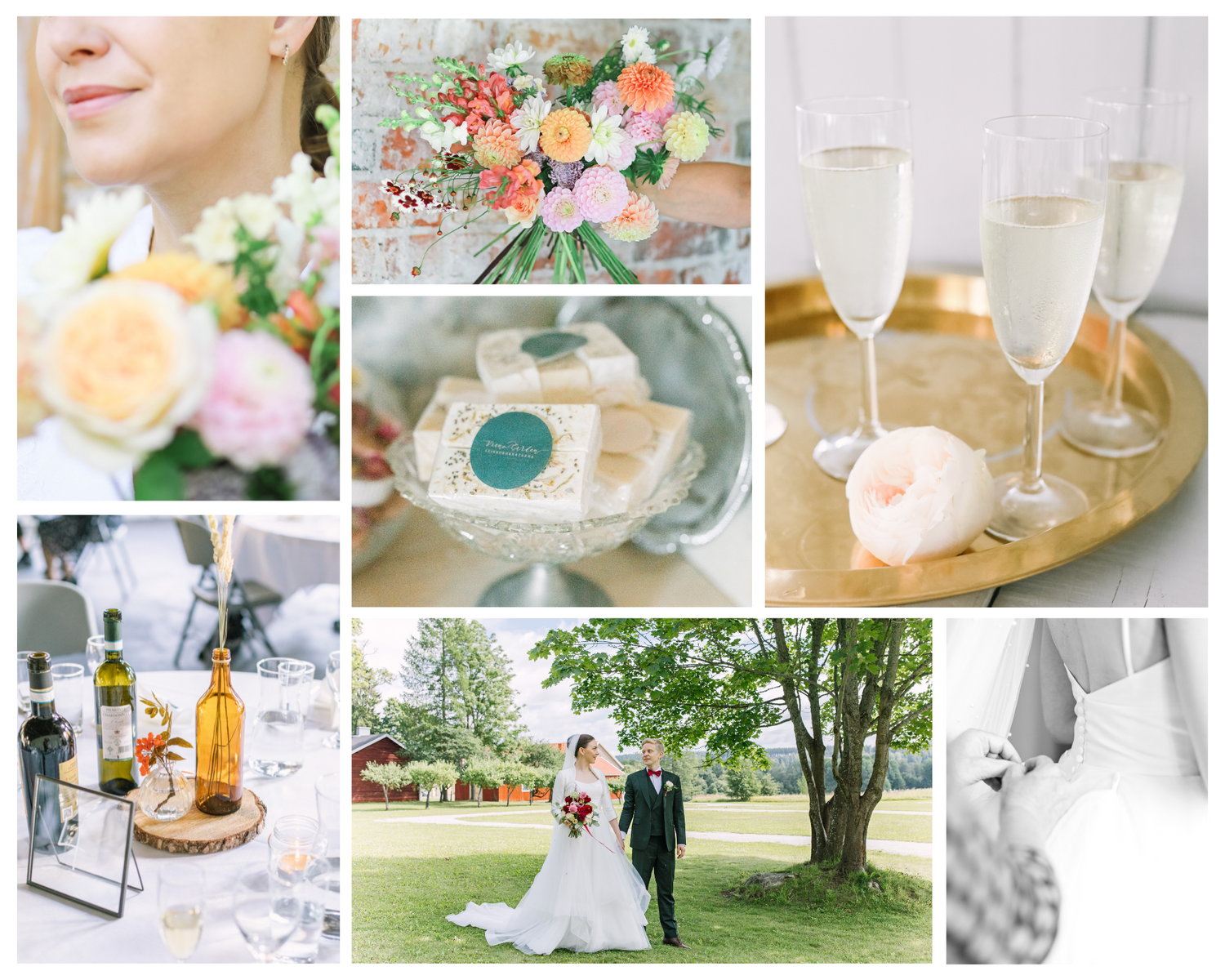 A wedding day collage featuring champagne flutes, colorful floral bouquets, outdoor ceremony details and elegant table settings.