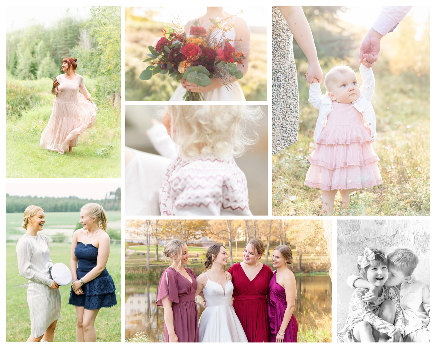 A collection of romantic wedding photos featuring soft pink dresses, floral bouquets, and outdoor garden settings with dreamy lighting.