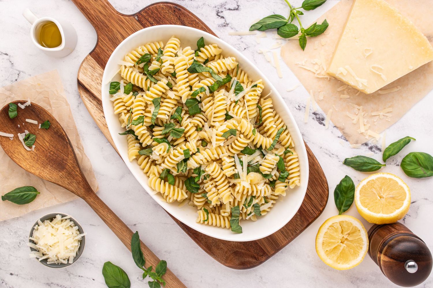 lemon basil pasta salad is served