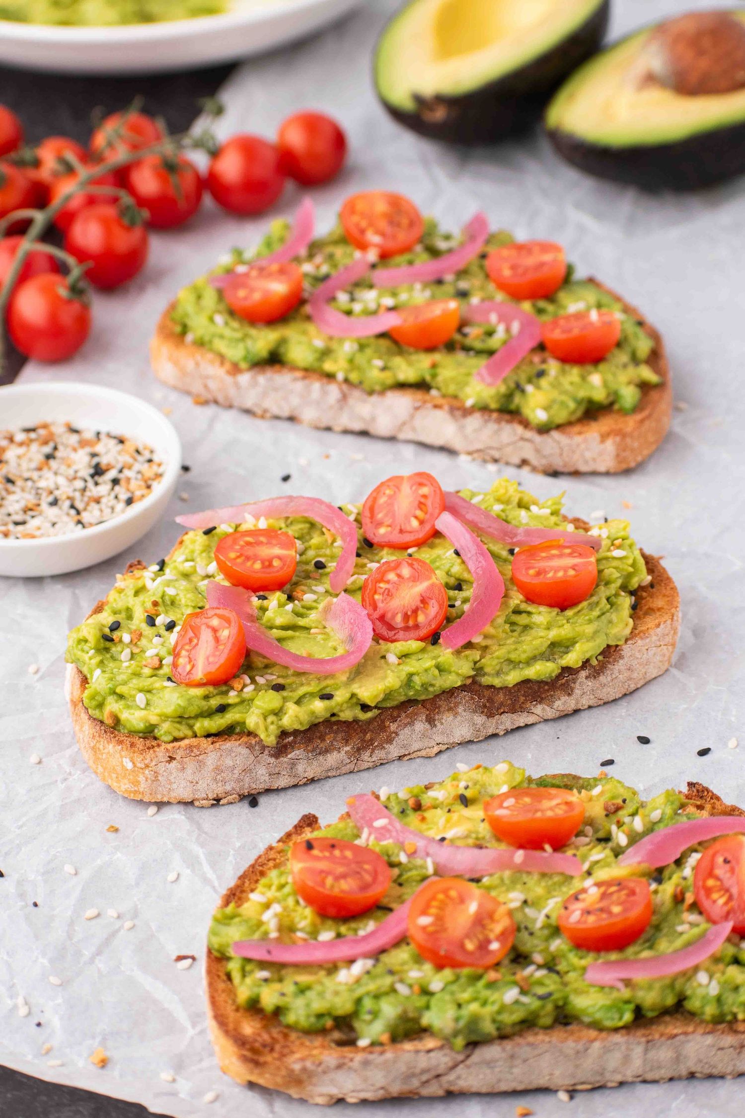 three smashed avocado toast