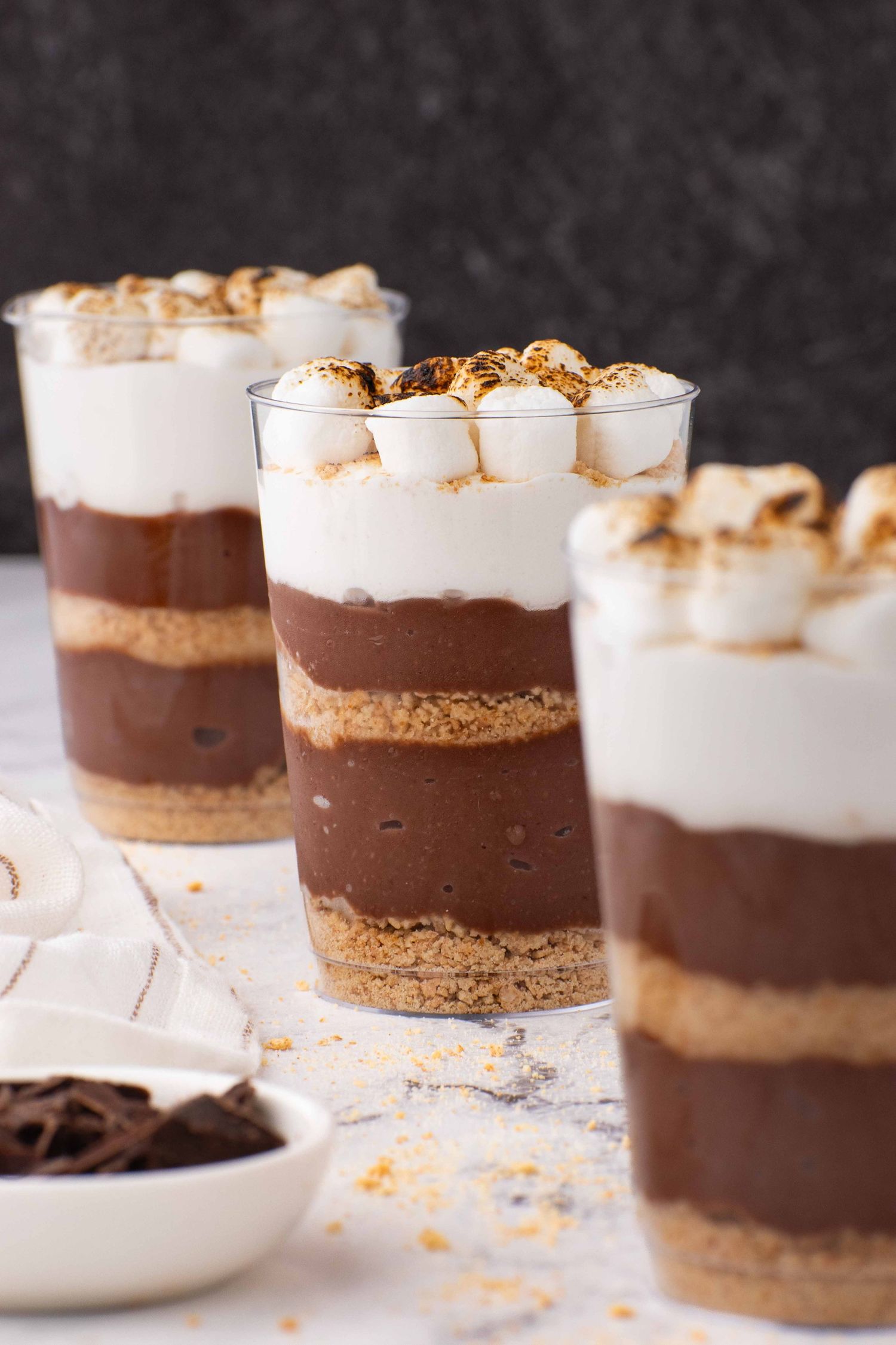 parfait with chocolate marshmallow and graham cracker crumbs