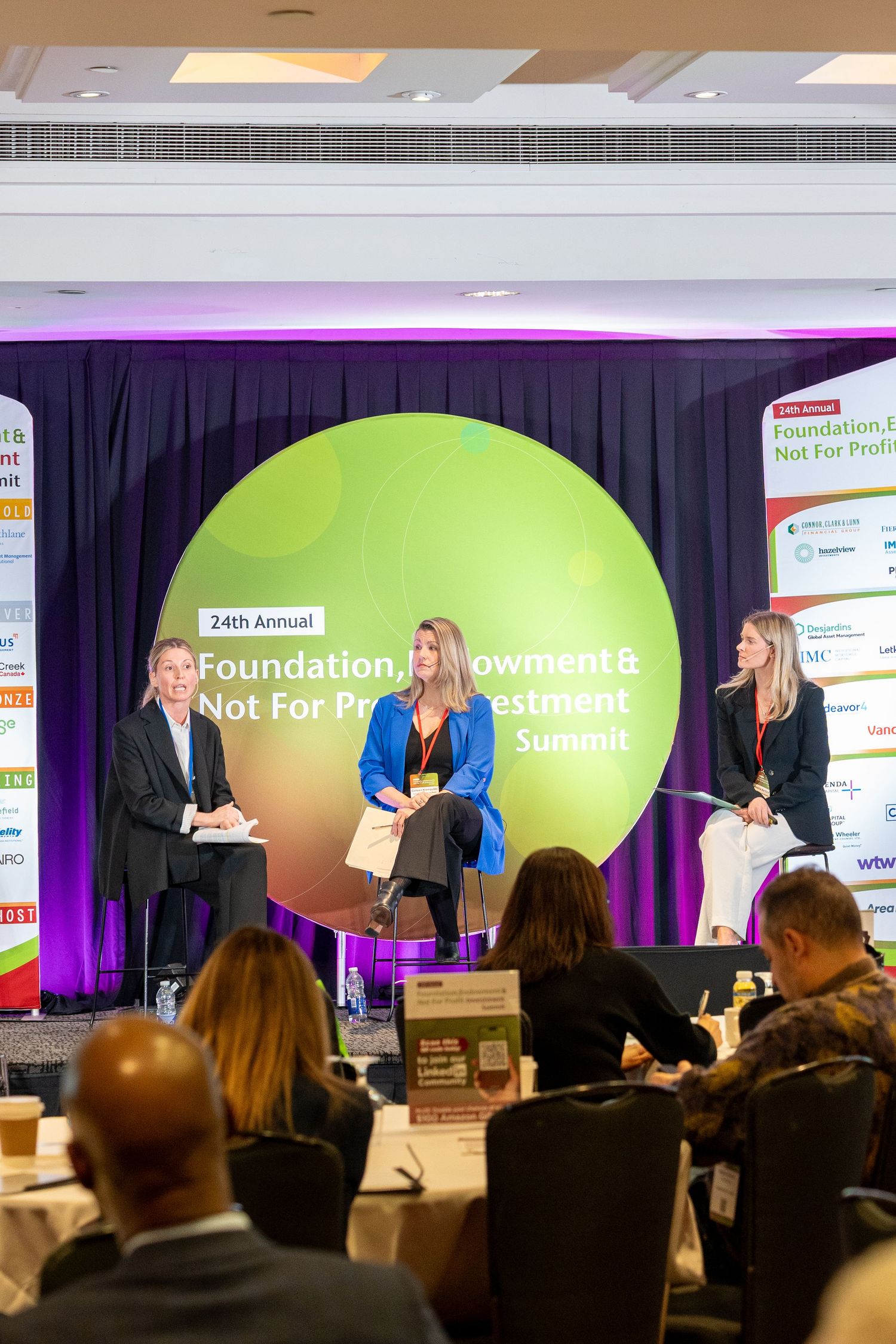 Three panelists speak on stage at the 24th Annual Foundation, Endowment & Not For Profit Investment Summit.