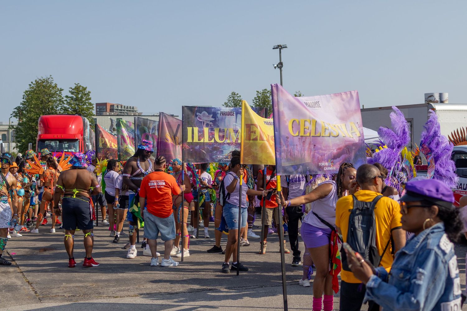 Colorful Caribbean carnival parade with crowds carrying vibrant purple and gold banners outdoors.
