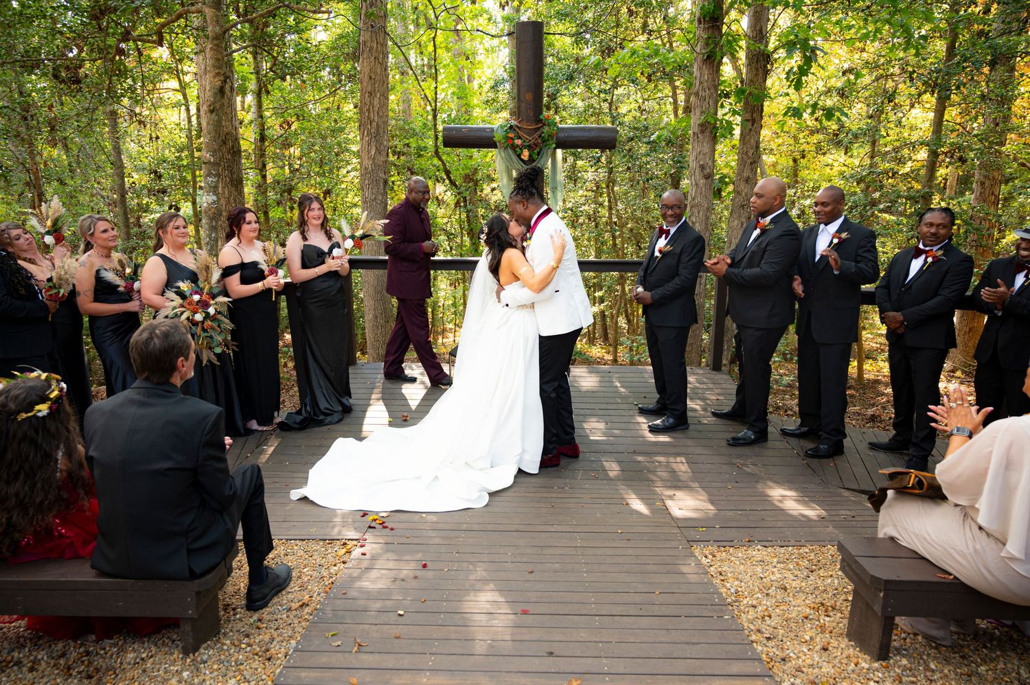 A row of wedding ceremony photos in a wooded outdoor setting with a rustic wooden cross altar.